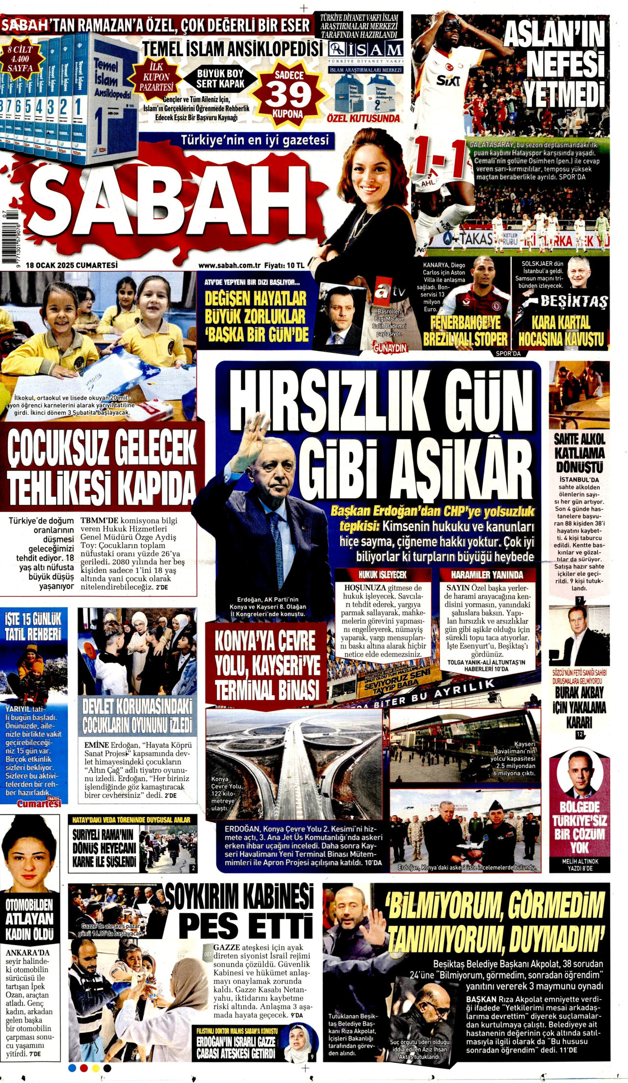 SABAH gazetesinin 18 Ocak 2025 tarihli birinci sayfası
