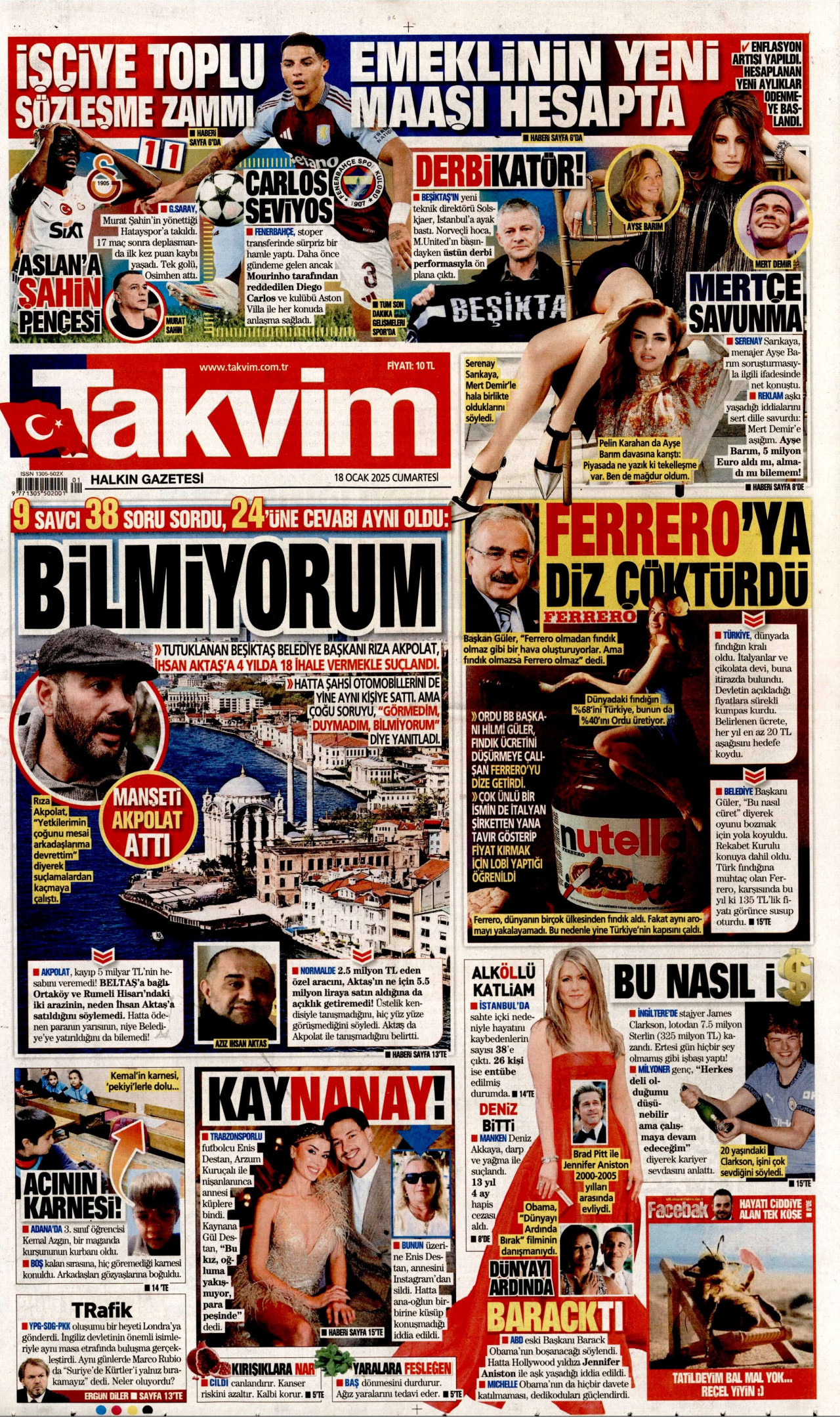 TAKVİM gazetesinin 18 Ocak 2025 tarihli birinci sayfası
