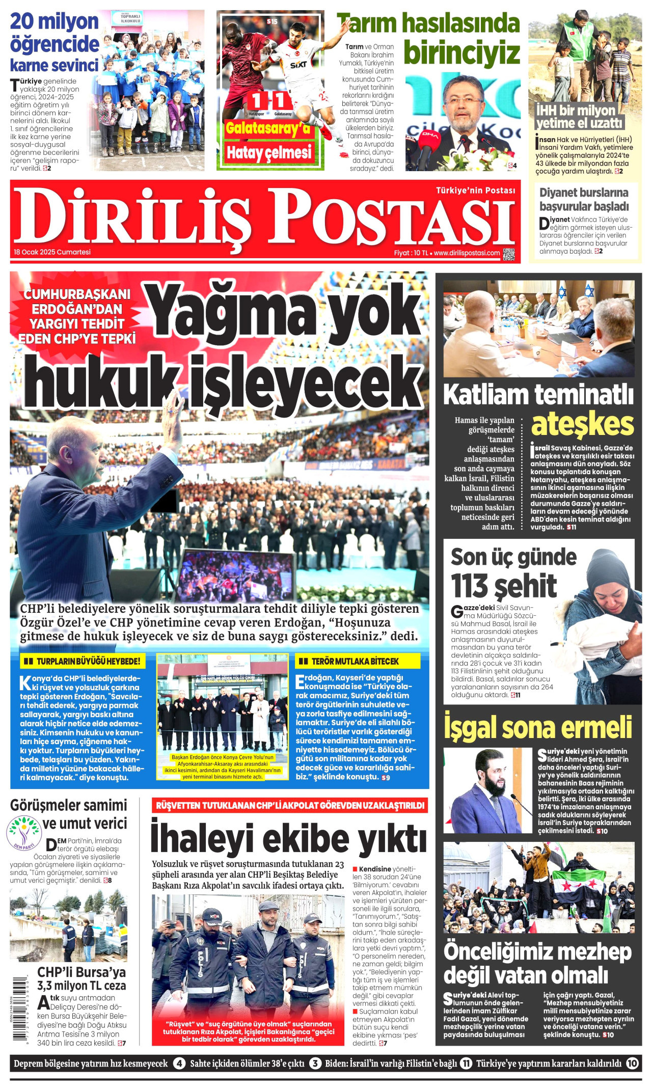 DİRİLİŞ POSTASI gazetesinin 18 Ocak 2025 tarihli birinci sayfası