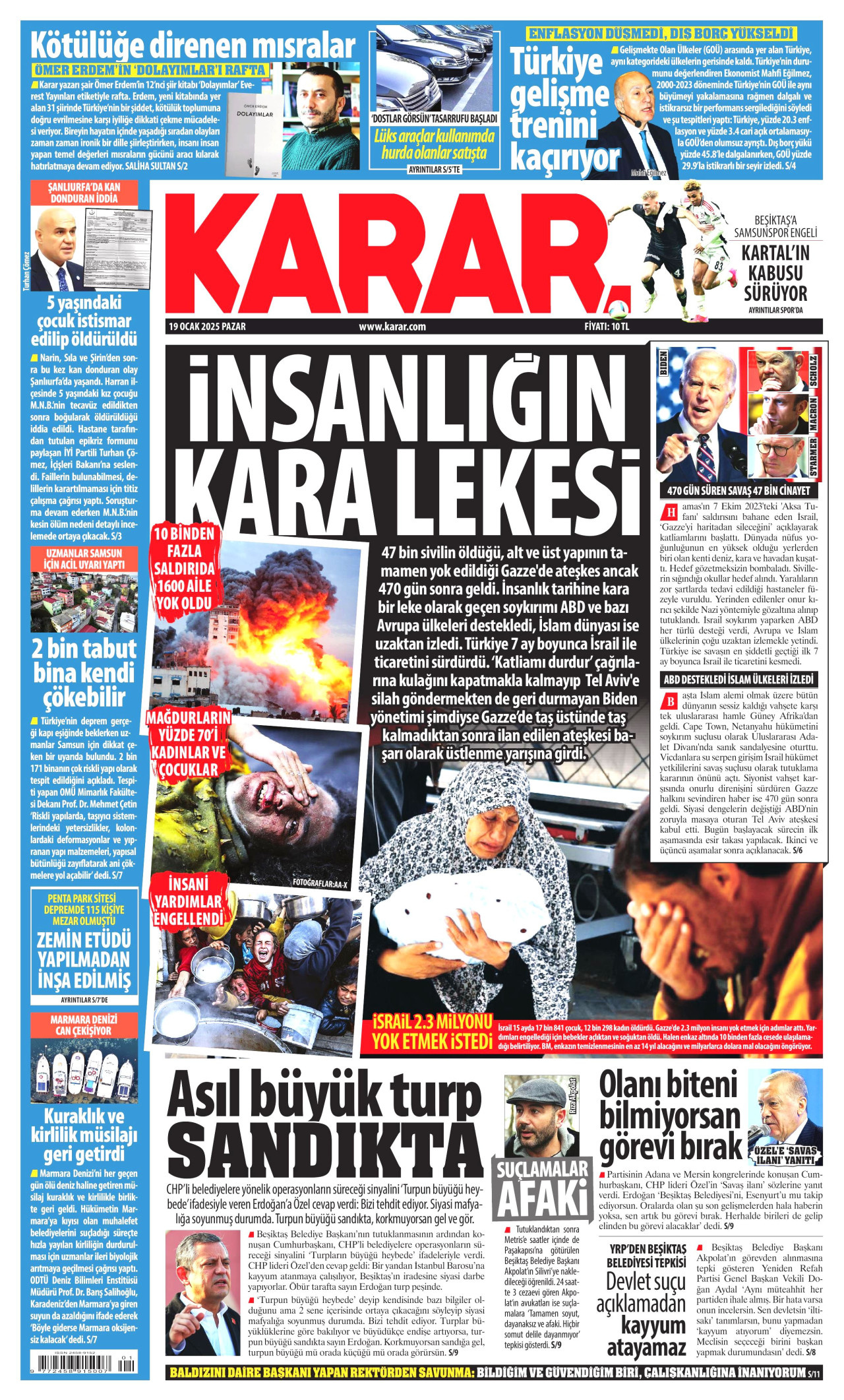 KARAR gazetesinin 19 Ocak 2025 tarihli birinci sayfası