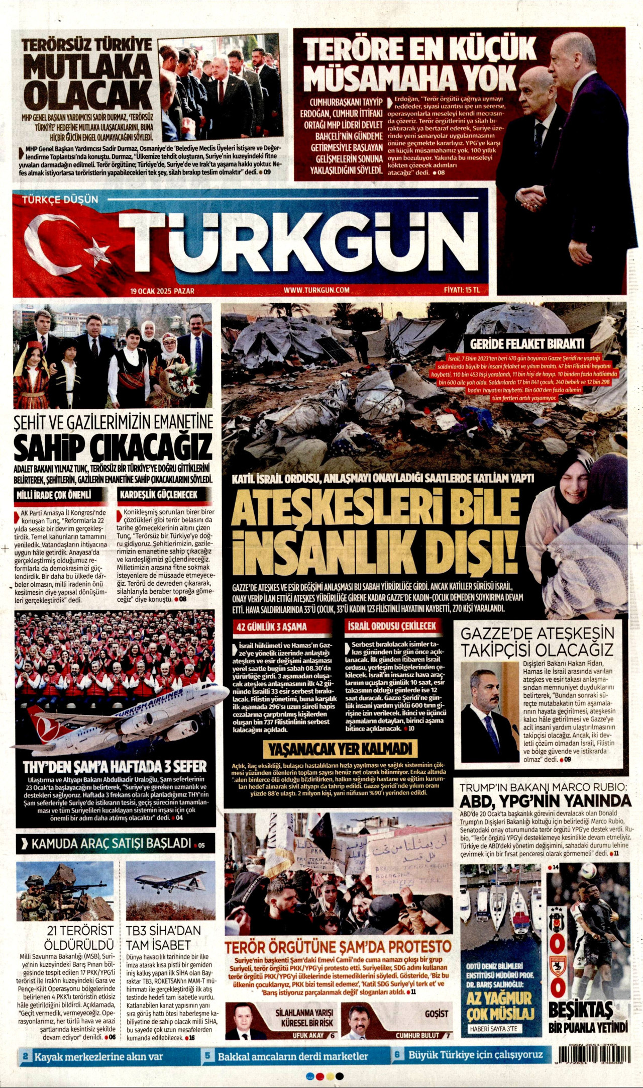 TÜRKGÜN gazetesinin 19 Ocak 2025 tarihli birinci sayfası