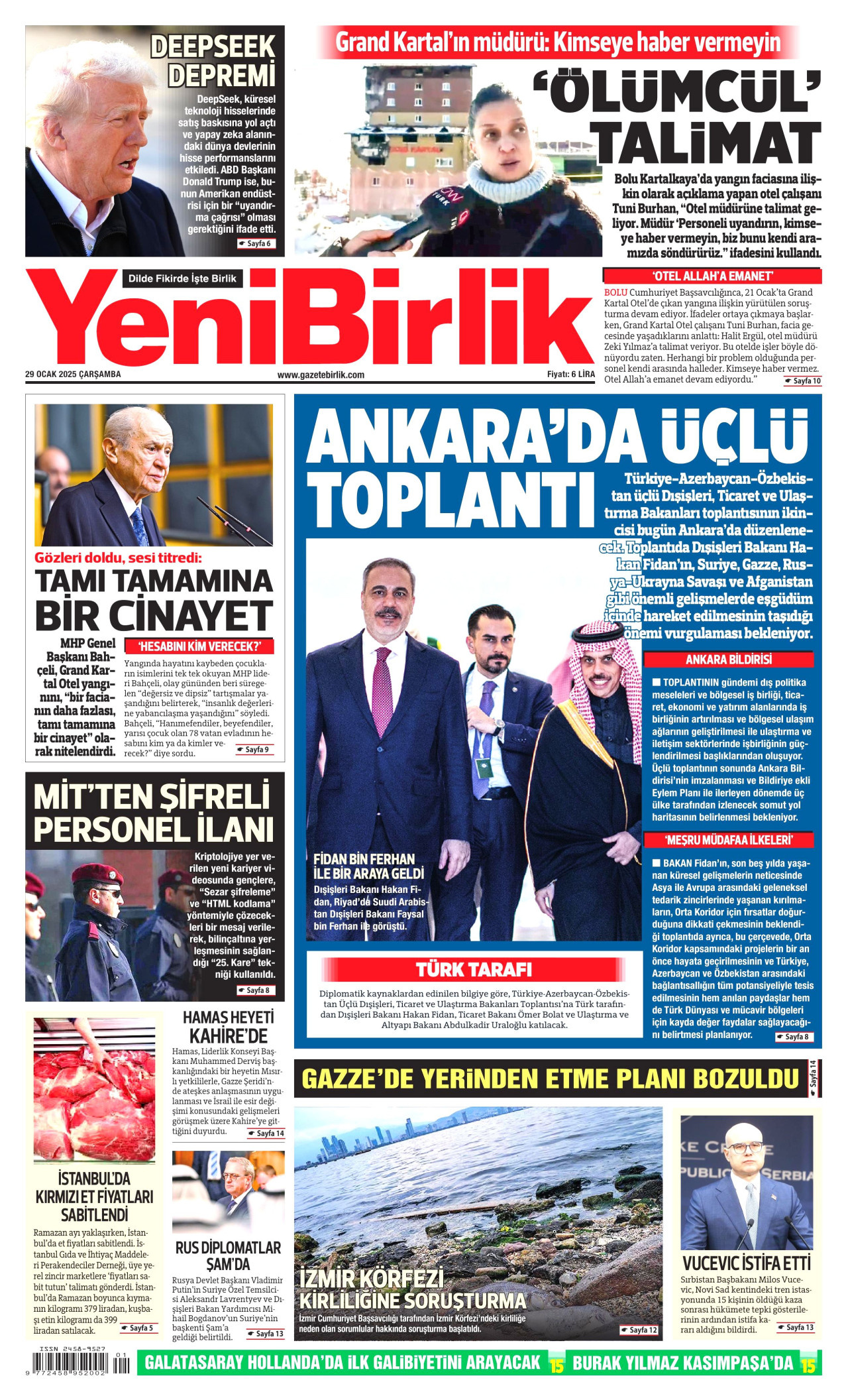 YENİBİRLİK gazetesinin 29 Ocak 2025 tarihli birinci sayfası