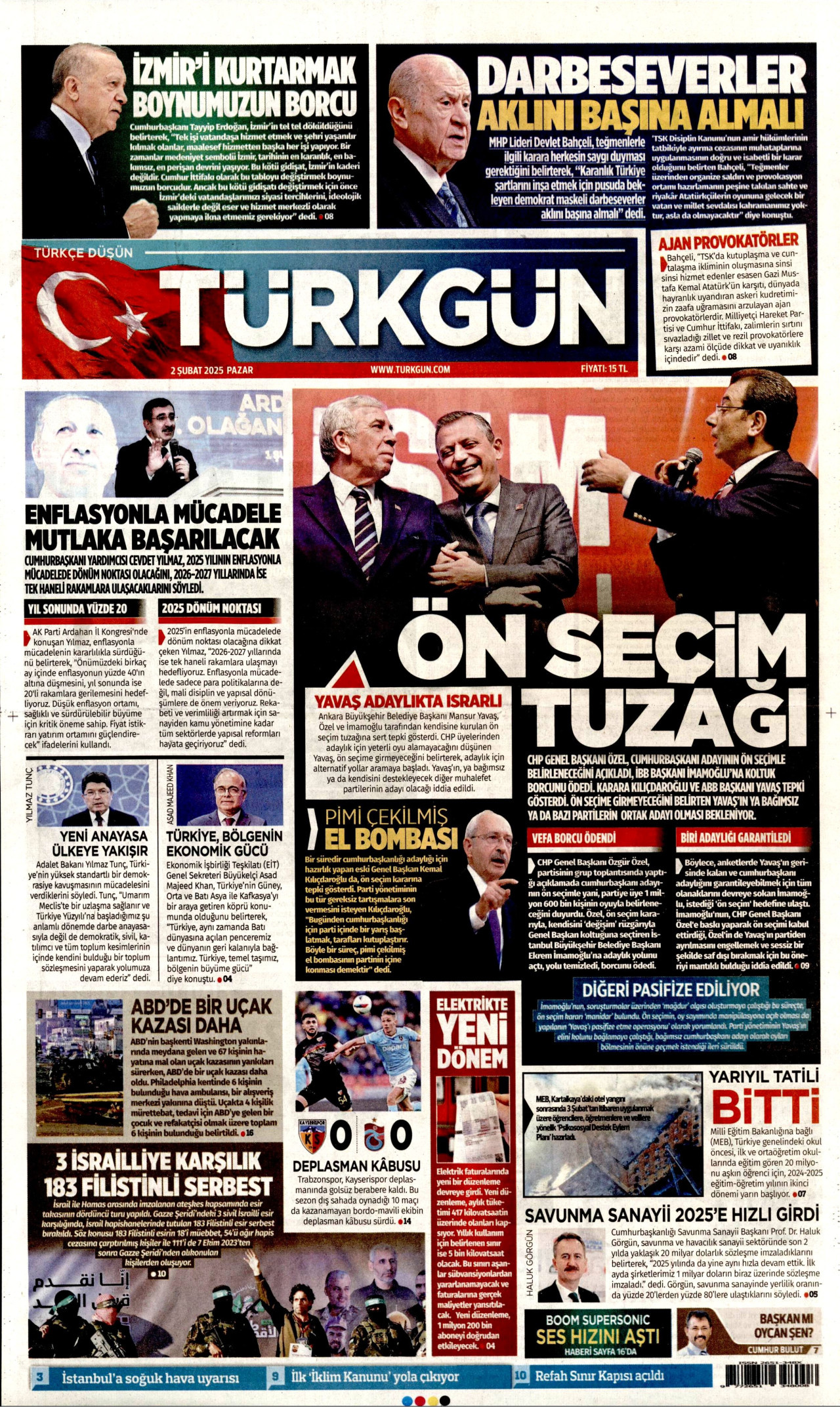 TÜRKGÜN gazetesinin 2 Şubat 2025 tarihli birinci sayfası