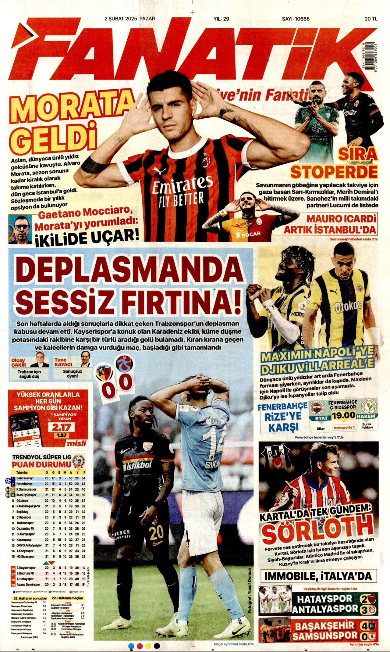 FANATİK gazetesinin 2 Şubat 2025 tarihli birinci sayfası