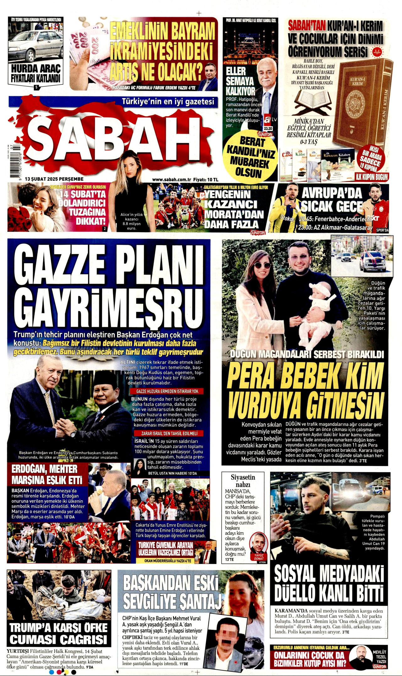 SABAH gazetesinin 13 Şubat 2025 tarihli birinci sayfası