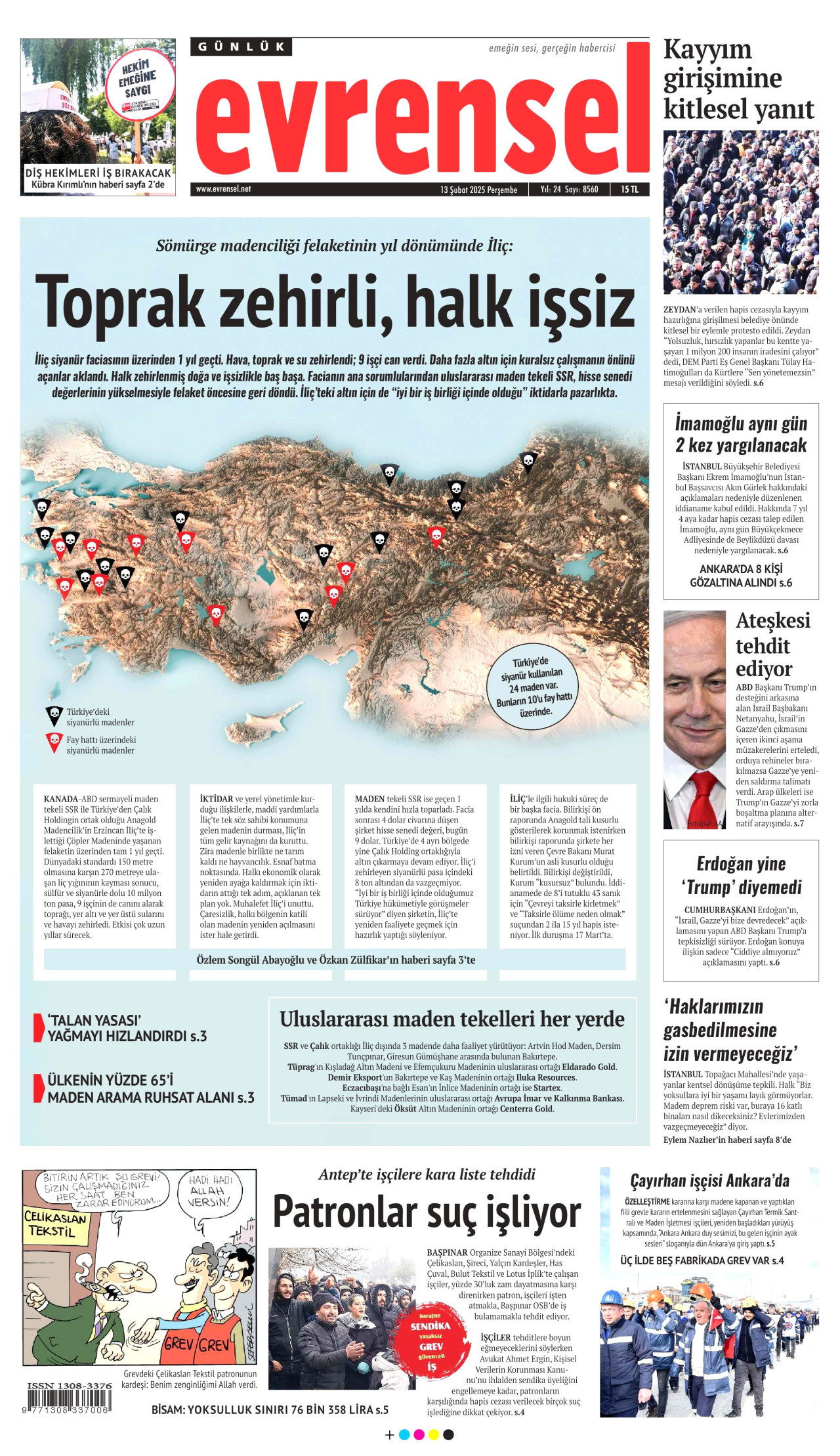 EVRENSEL gazetesinin 13 Şubat 2025 tarihli birinci sayfası