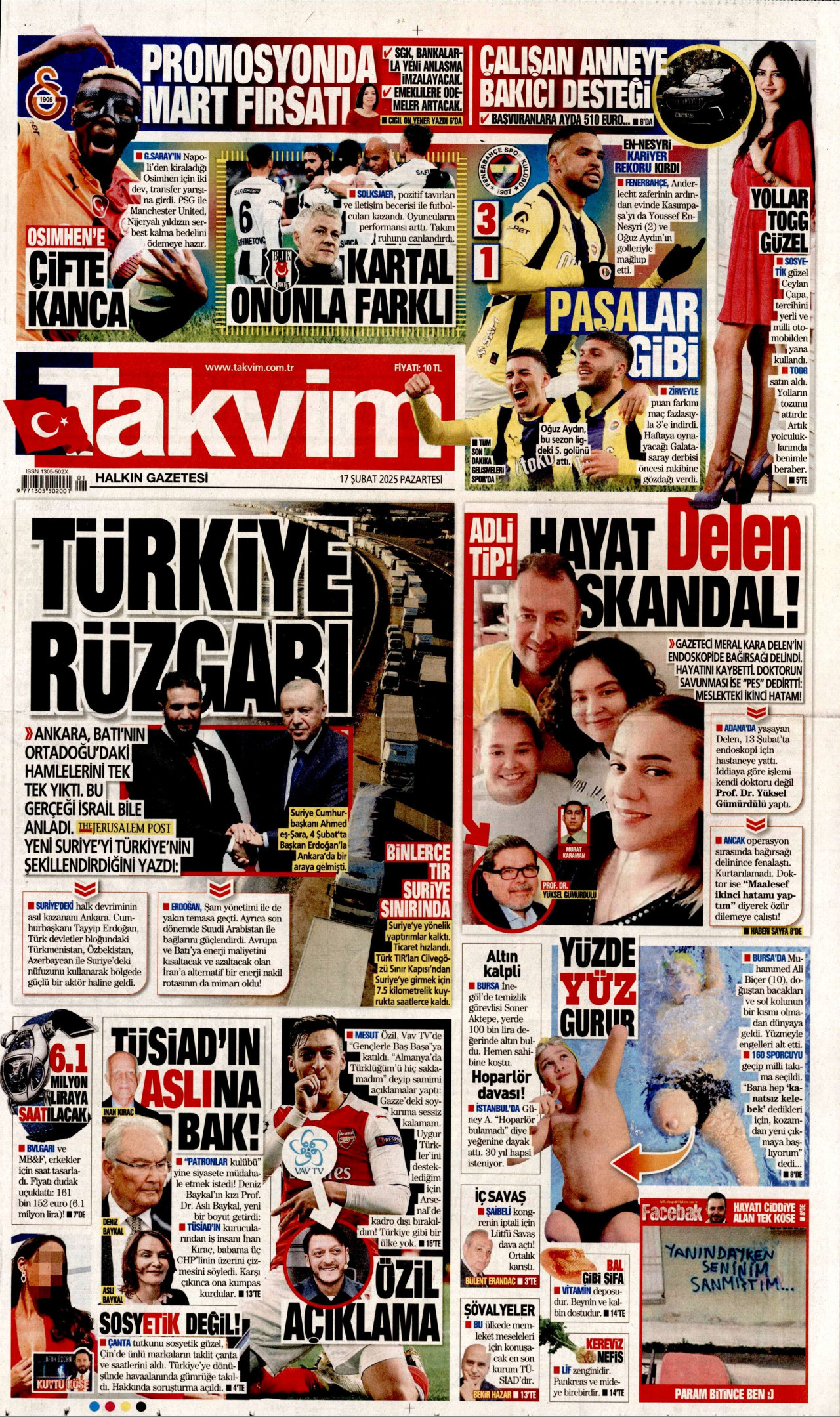 TAKVİM gazetesinin 17 Şubat 2025 tarihli birinci sayfası