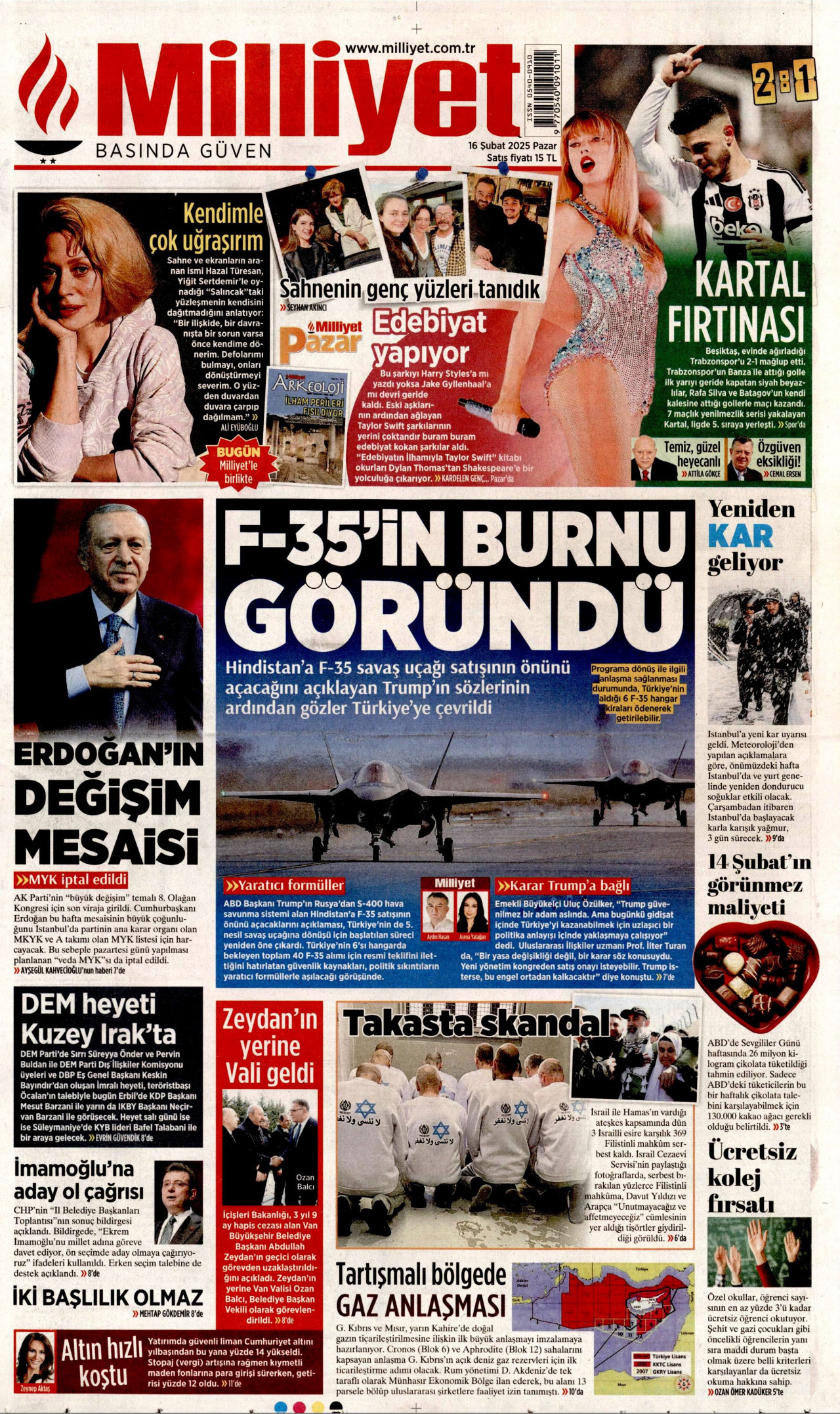 MİLLİYET gazetesinin 16 Şubat 2025 tarihli birinci sayfası