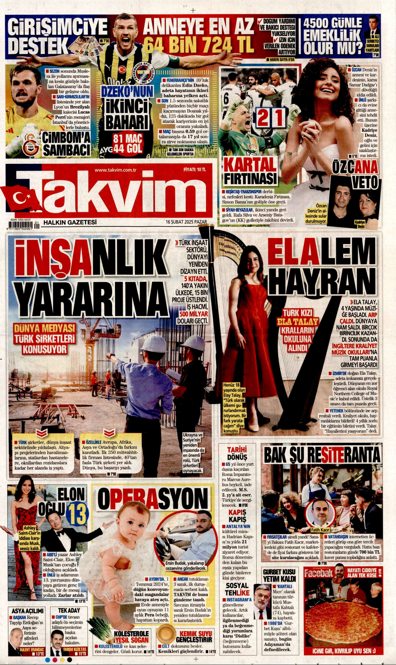 TAKVİM gazetesinin 16 Şubat 2025 tarihli birinci sayfası