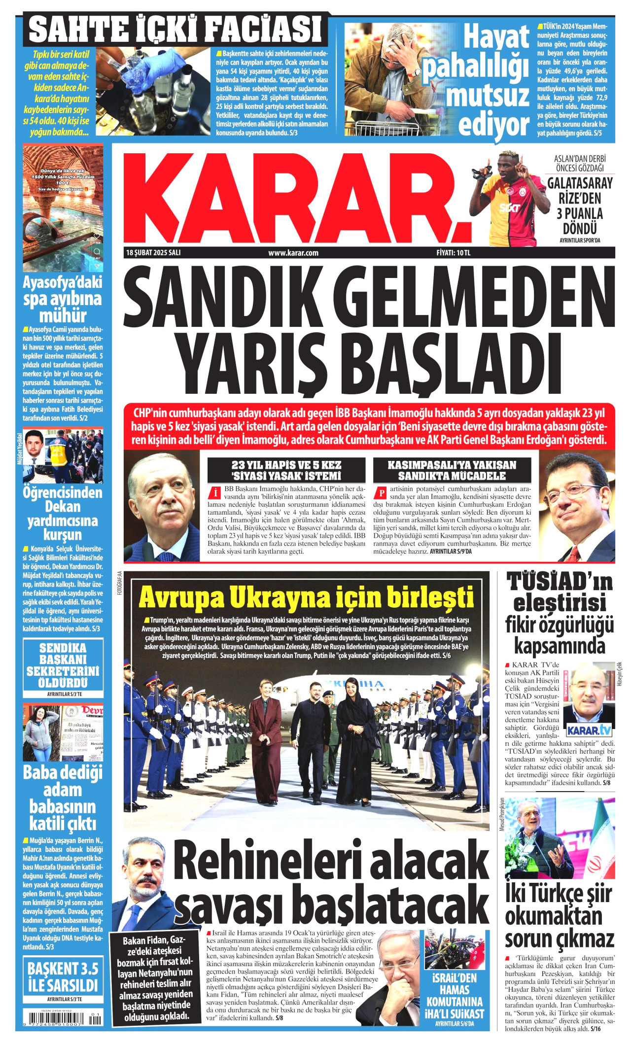 KARAR gazetesinin 18 Şubat 2025 tarihli birinci sayfası