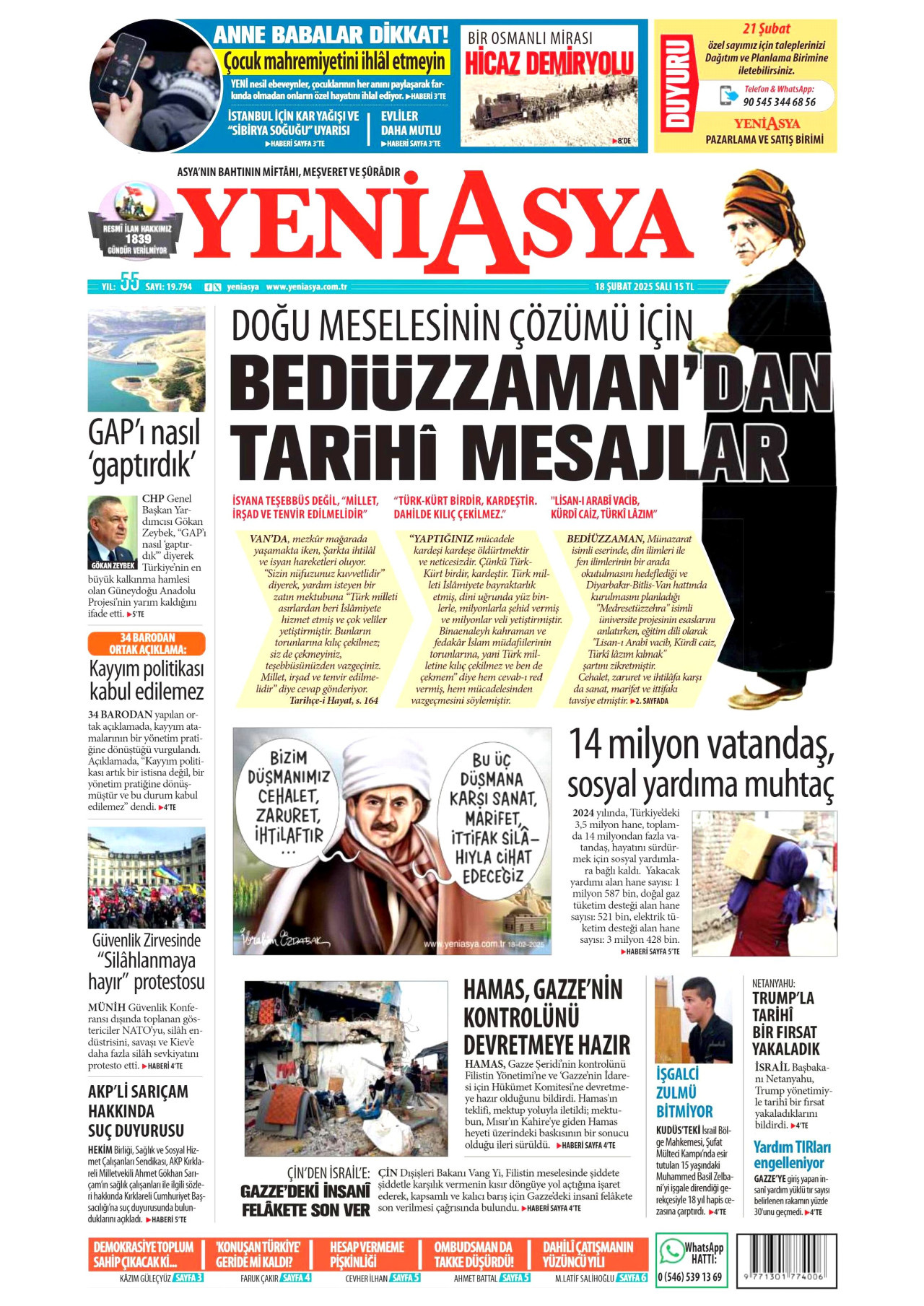 YENİ ASYA gazetesinin 18 Şubat 2025 tarihli birinci sayfası