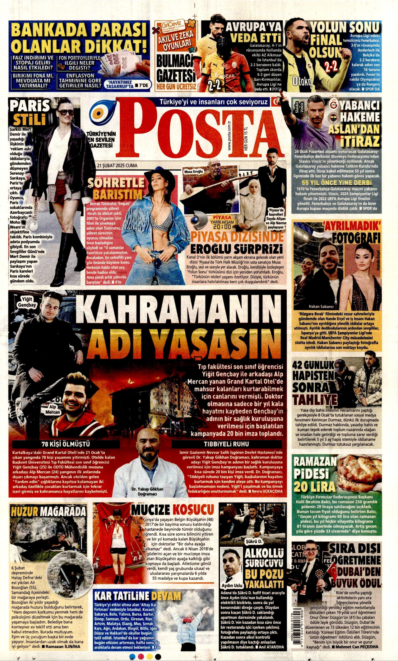 POSTA gazetesinin 21 Şubat 2025 tarihli birinci sayfası