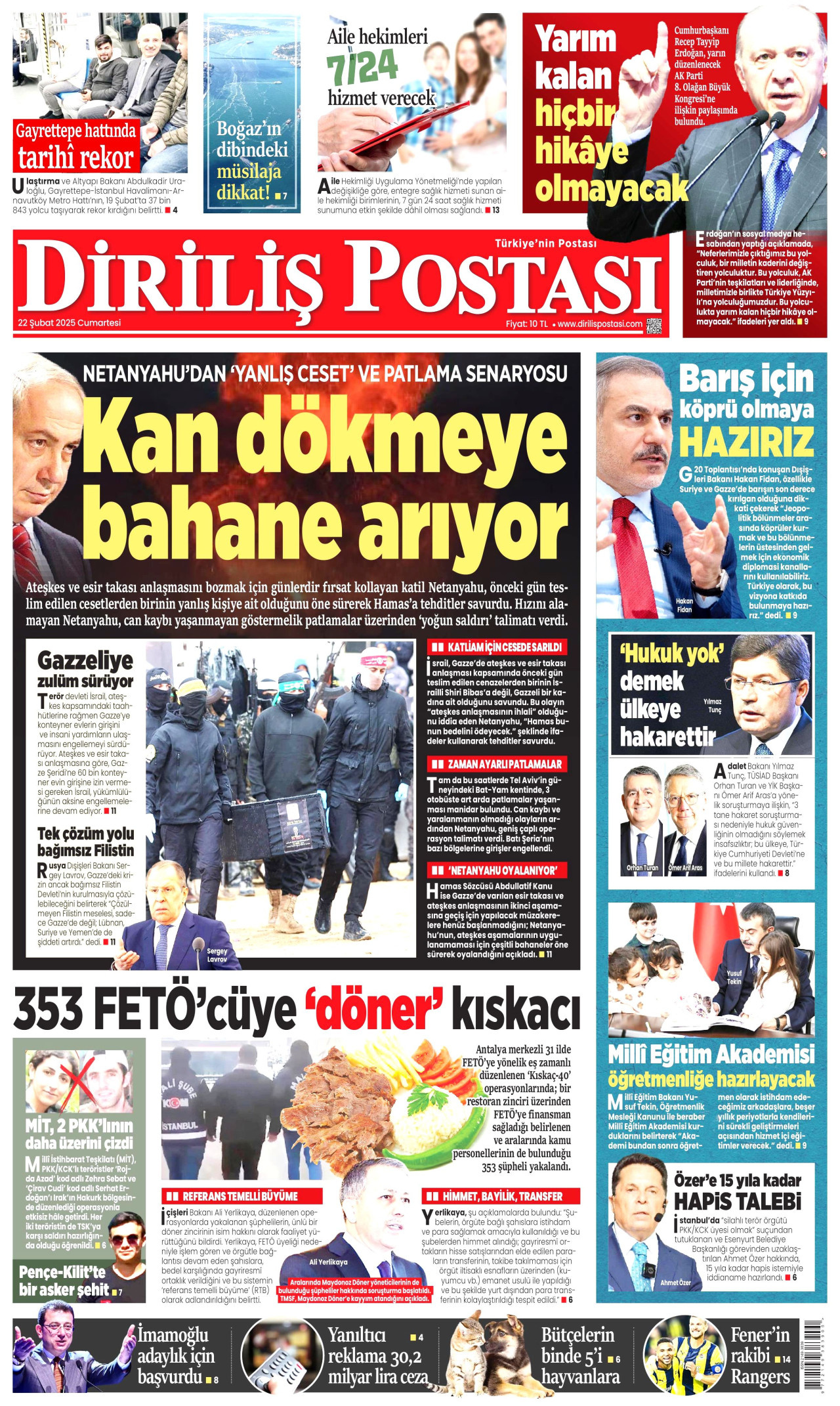 DİRİLİŞ POSTASI gazetesinin 22 Şubat 2025 tarihli birinci sayfası