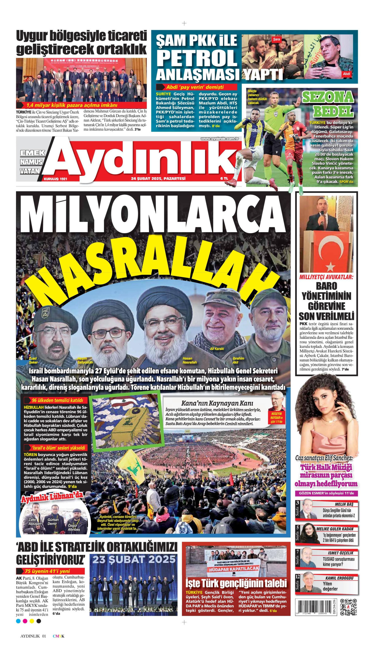 AYDINLIK GAZETESİ gazetesinin 24 Şubat 2025 tarihli birinci sayfası