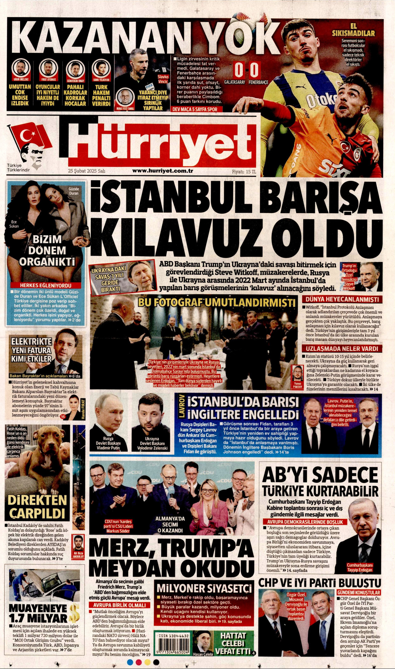 HÜRRİYET gazetesinin 25 Şubat 2025 tarihli birinci sayfası