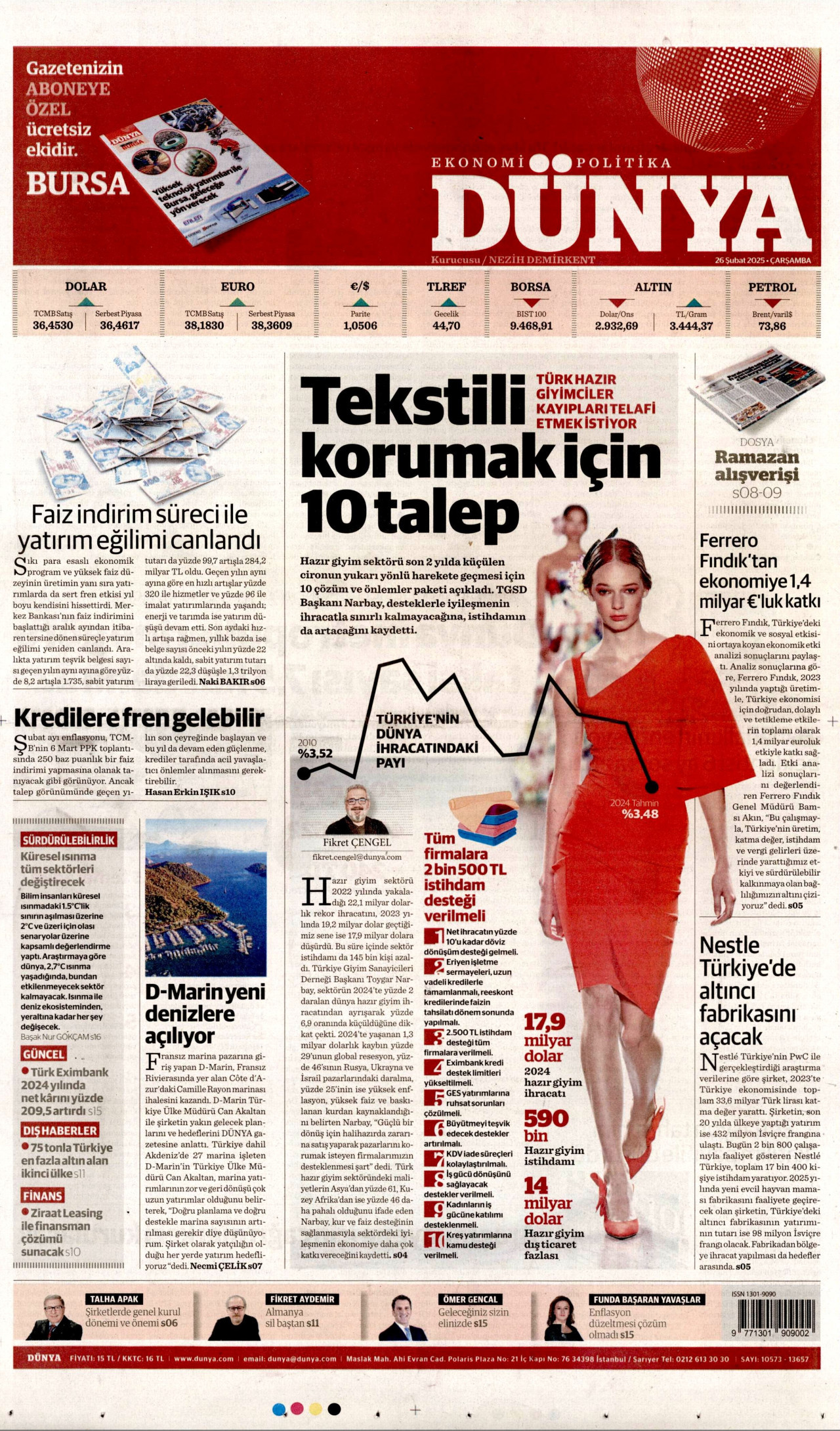 DÜNYA gazetesinin 26 Şubat 2025 tarihli birinci sayfası