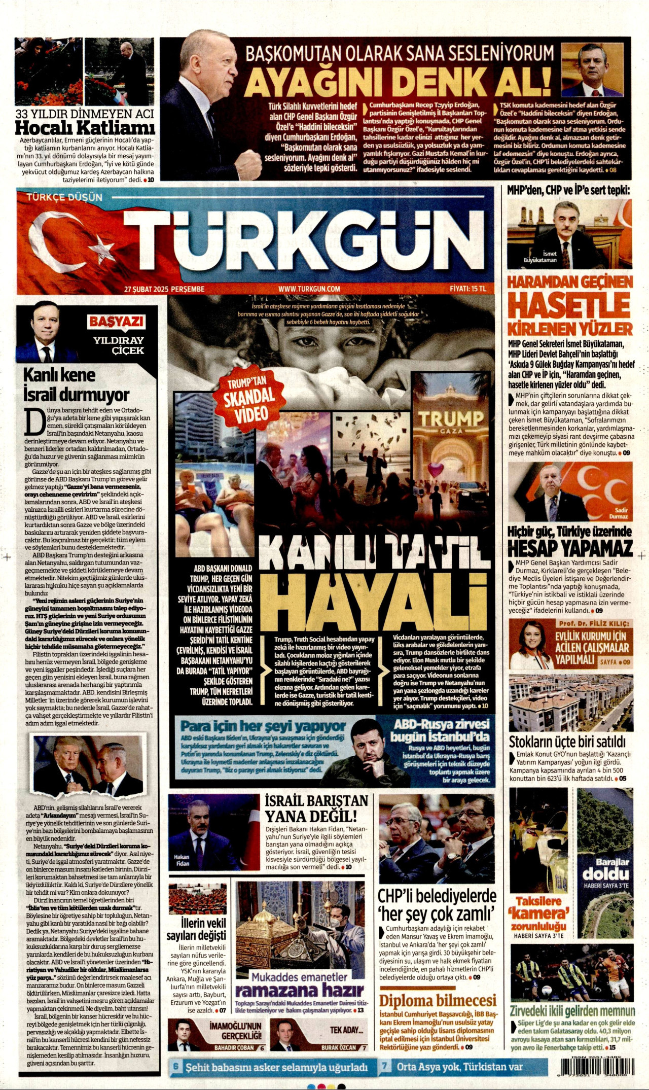 TÜRKGÜN gazetesinin 27 Şubat 2025 tarihli birinci sayfası