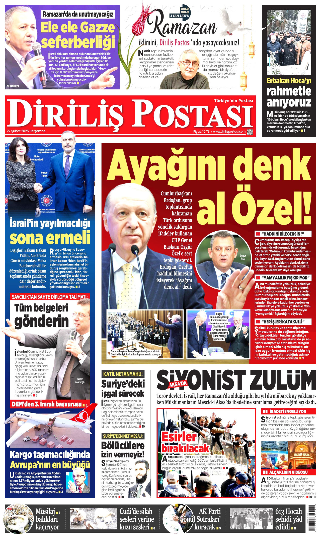 DİRİLİŞ POSTASI gazetesinin 27 Şubat 2025 tarihli birinci sayfası