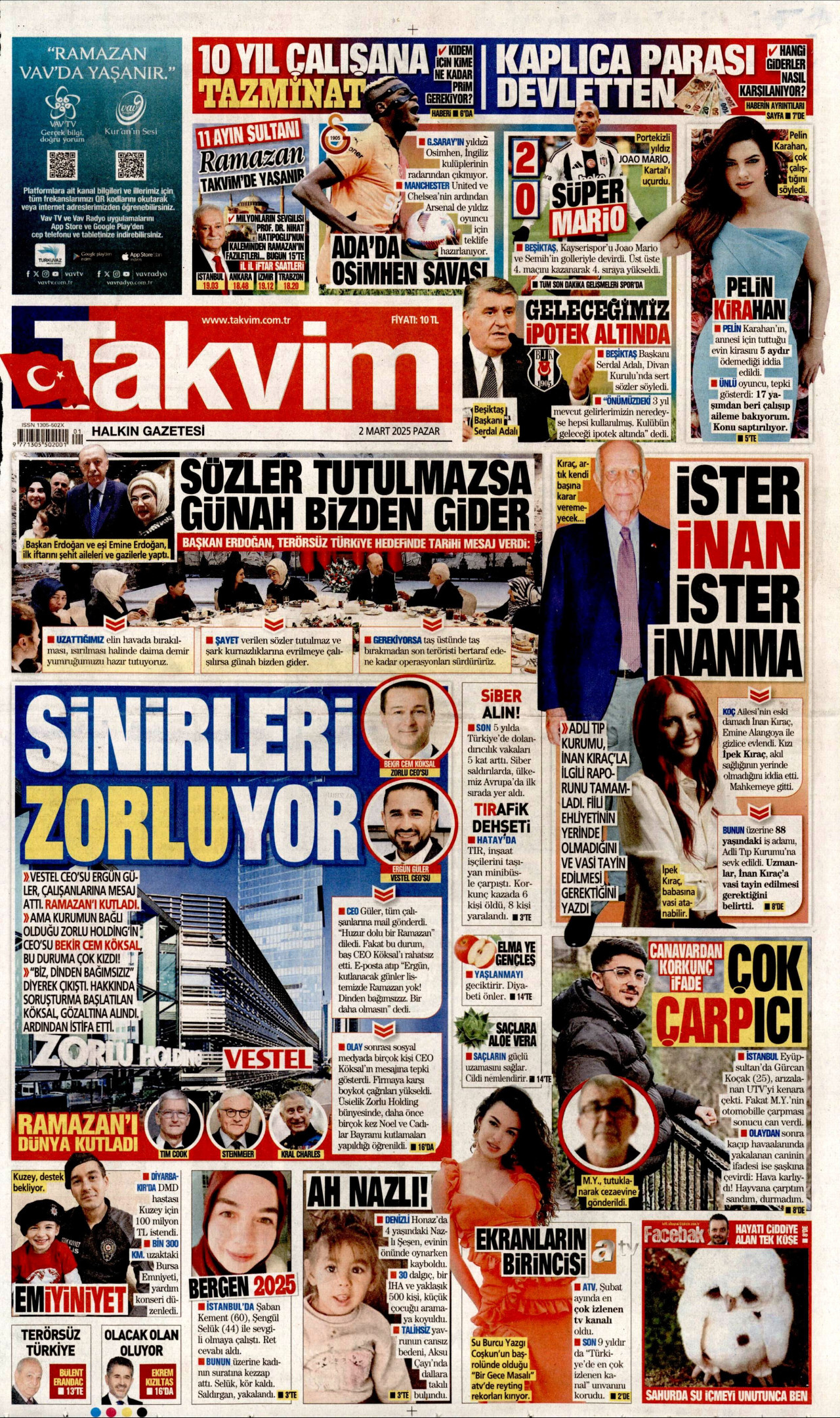 TAKVİM gazetesinin 2 Mart 2025 tarihli birinci sayfası