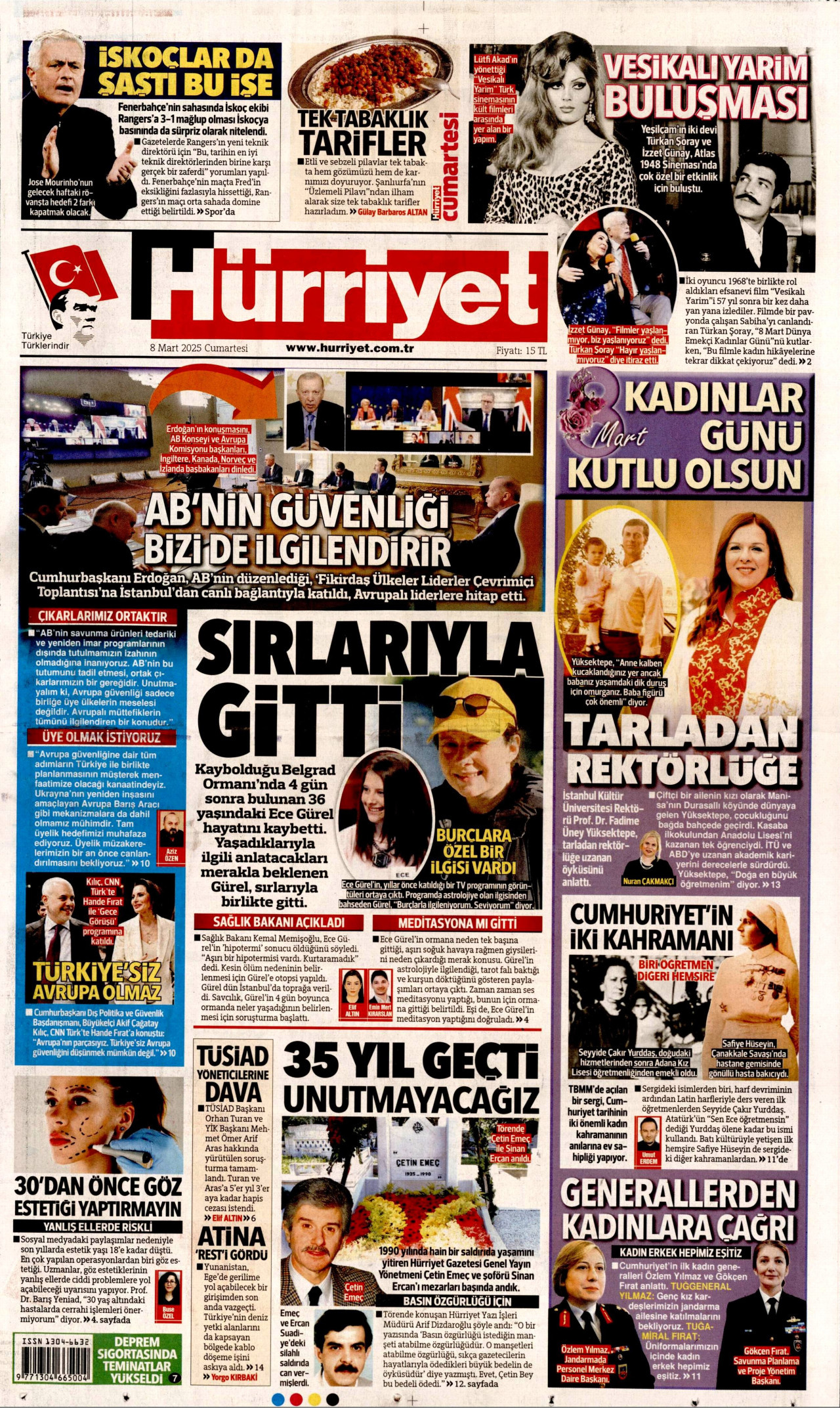 HÜRRİYET gazetesinin 8 Mart 2025 tarihli birinci sayfası