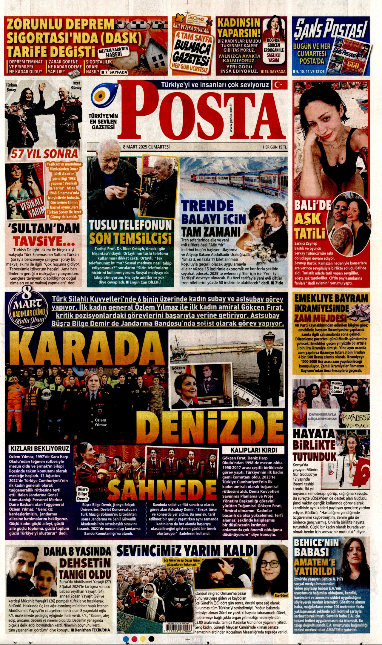 POSTA gazetesinin 8 Mart 2025 tarihli birinci sayfası