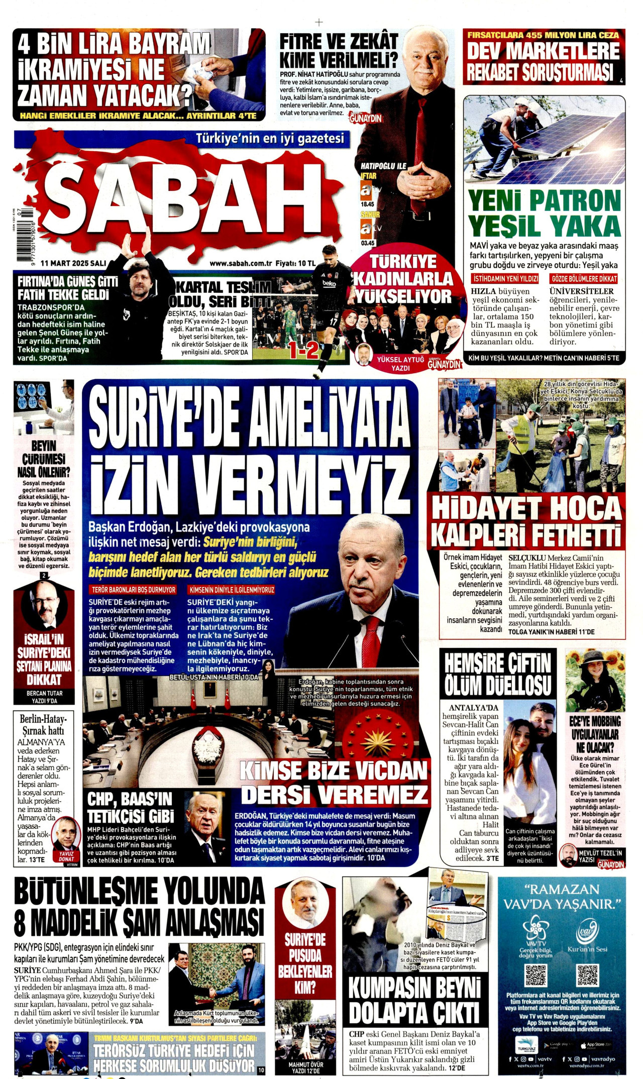 SABAH gazetesinin 11 Mart 2025 tarihli birinci sayfası