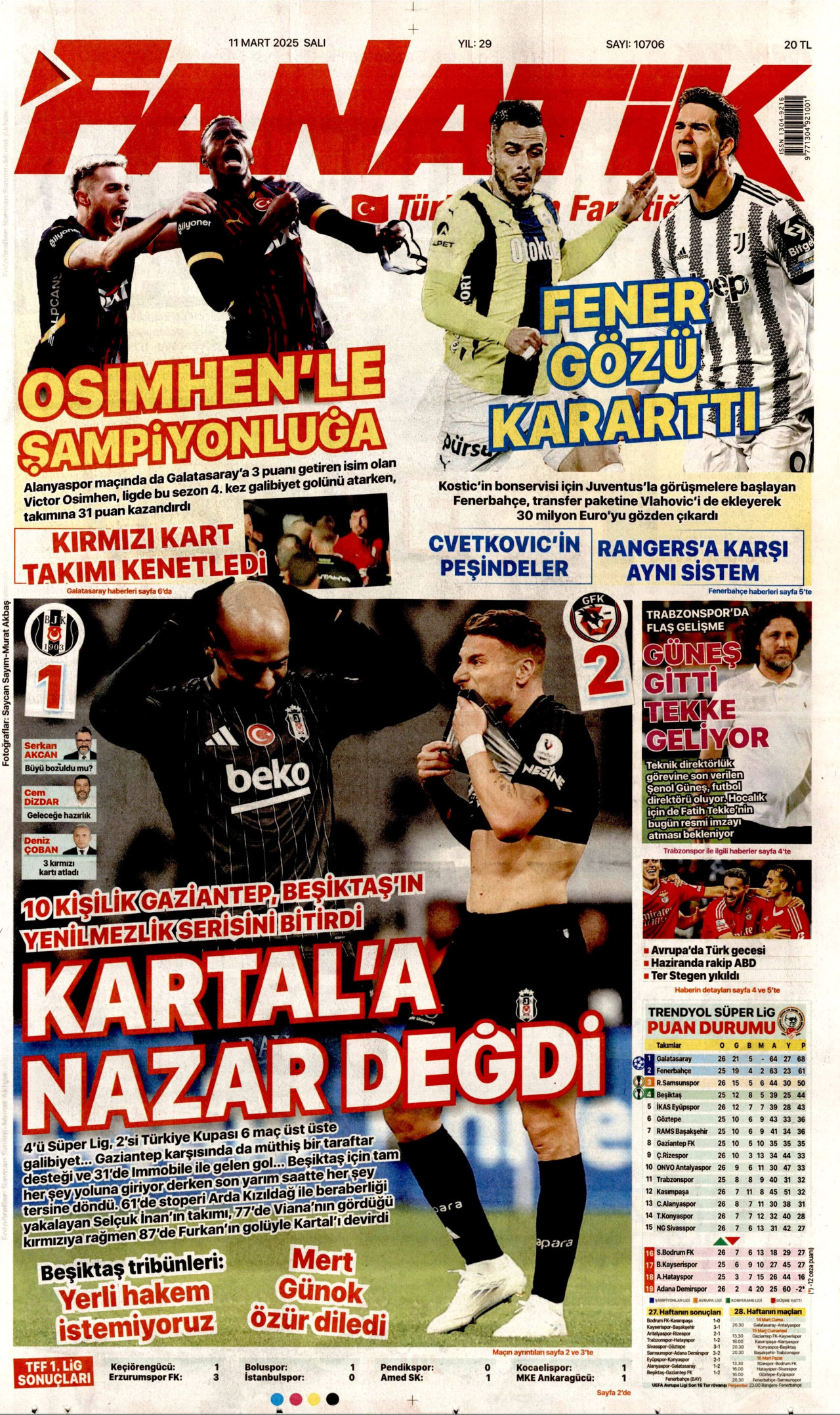 FANATİK gazetesinin 11 Mart 2025 tarihli birinci sayfası