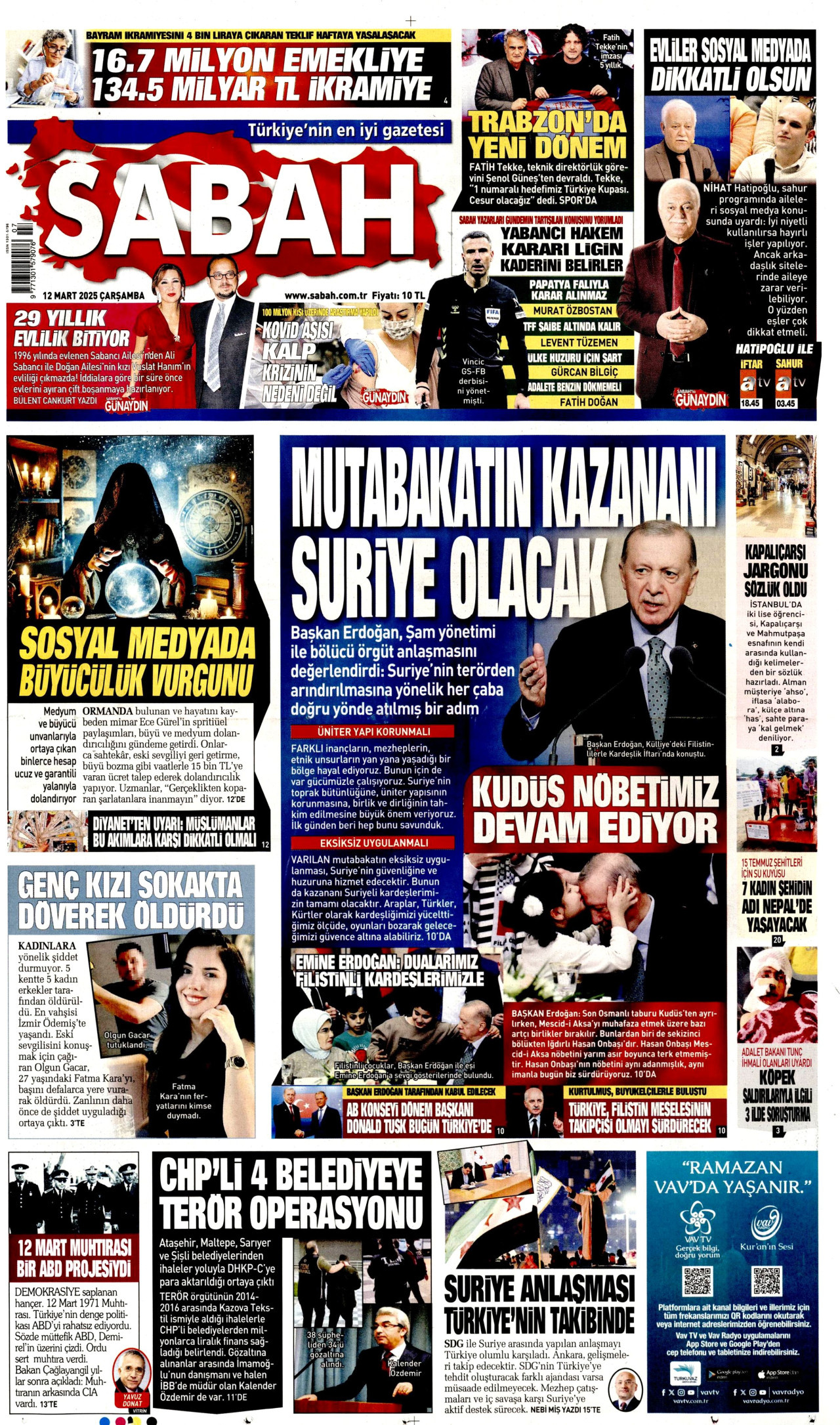 SABAH gazetesinin 12 Mart 2025 tarihli birinci sayfası
