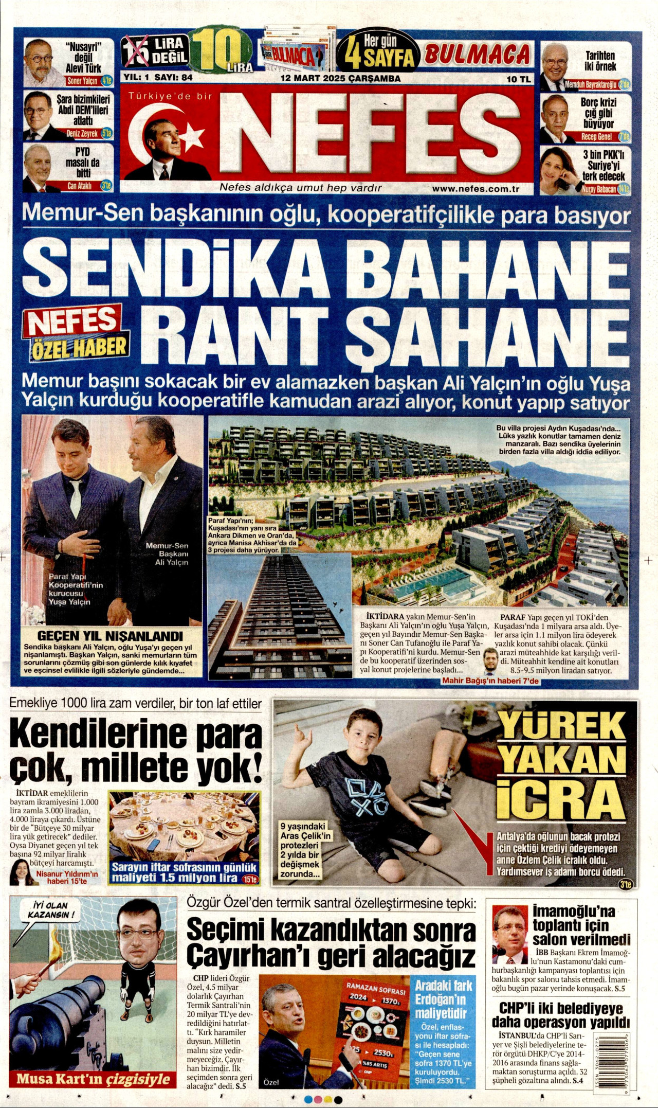NEFES gazetesinin 12 Mart 2025 tarihli birinci sayfası
