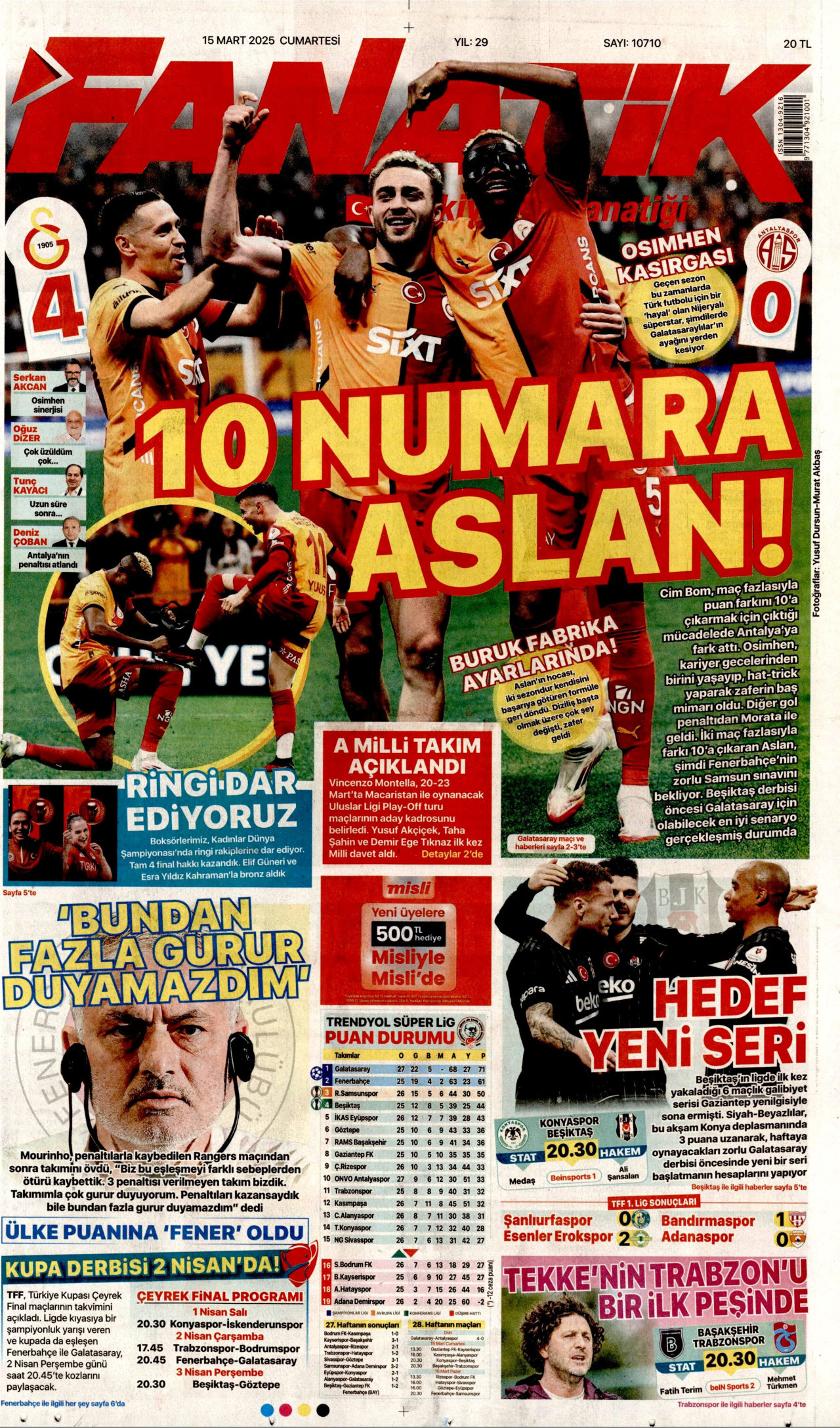FANATİK gazetesinin 15 Mart 2025 tarihli birinci sayfası
