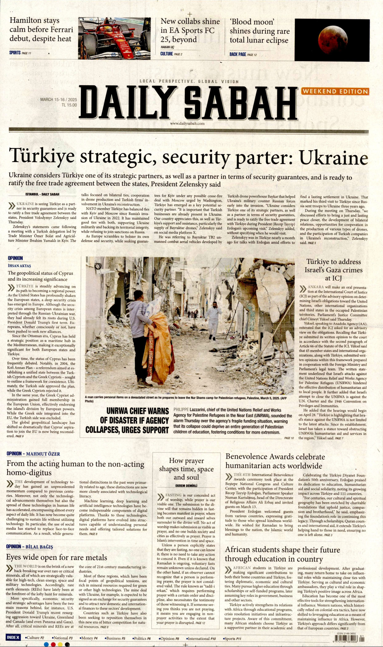 DAİLY SABAH gazetesinin 15 Mart 2025 tarihli birinci sayfası
