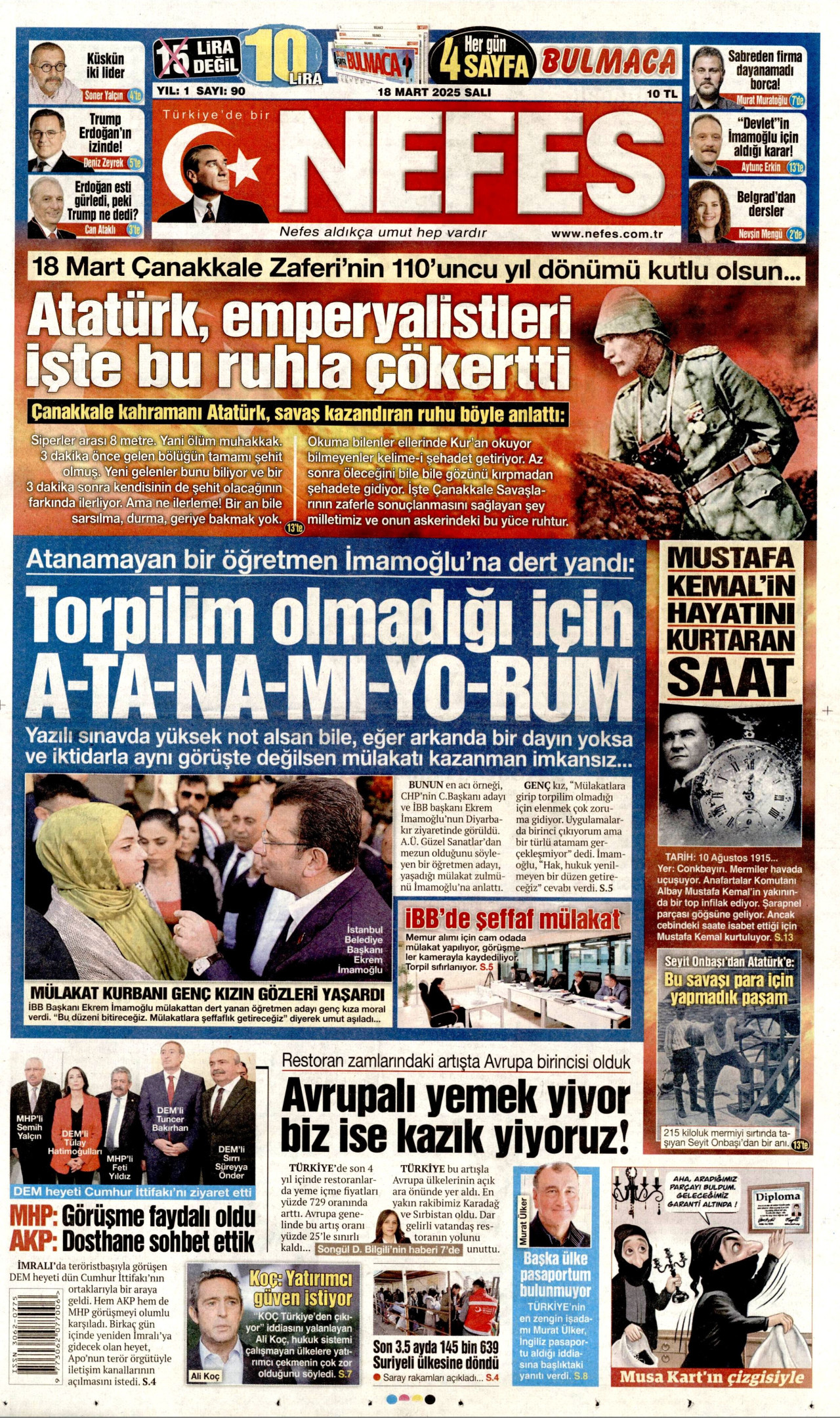 NEFES gazetesinin 18 Mart 2025 tarihli birinci sayfası