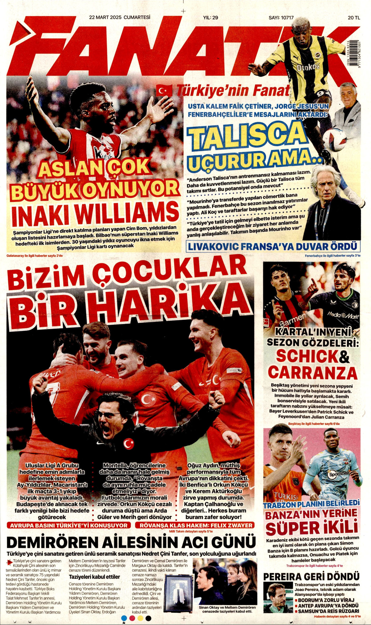 FANATİK gazetesinin 22 Mart 2025 tarihli birinci sayfası