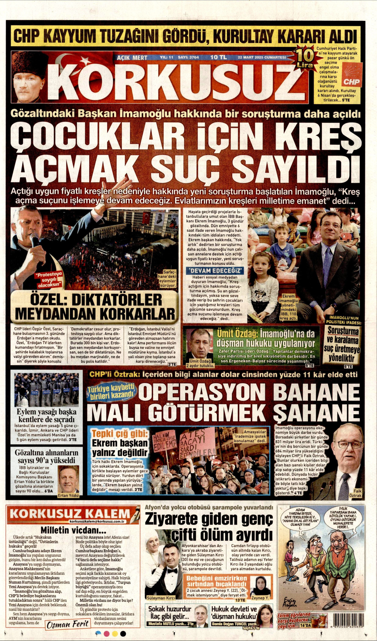 KORKUSUZ gazetesinin 22 Mart 2025 tarihli birinci sayfası