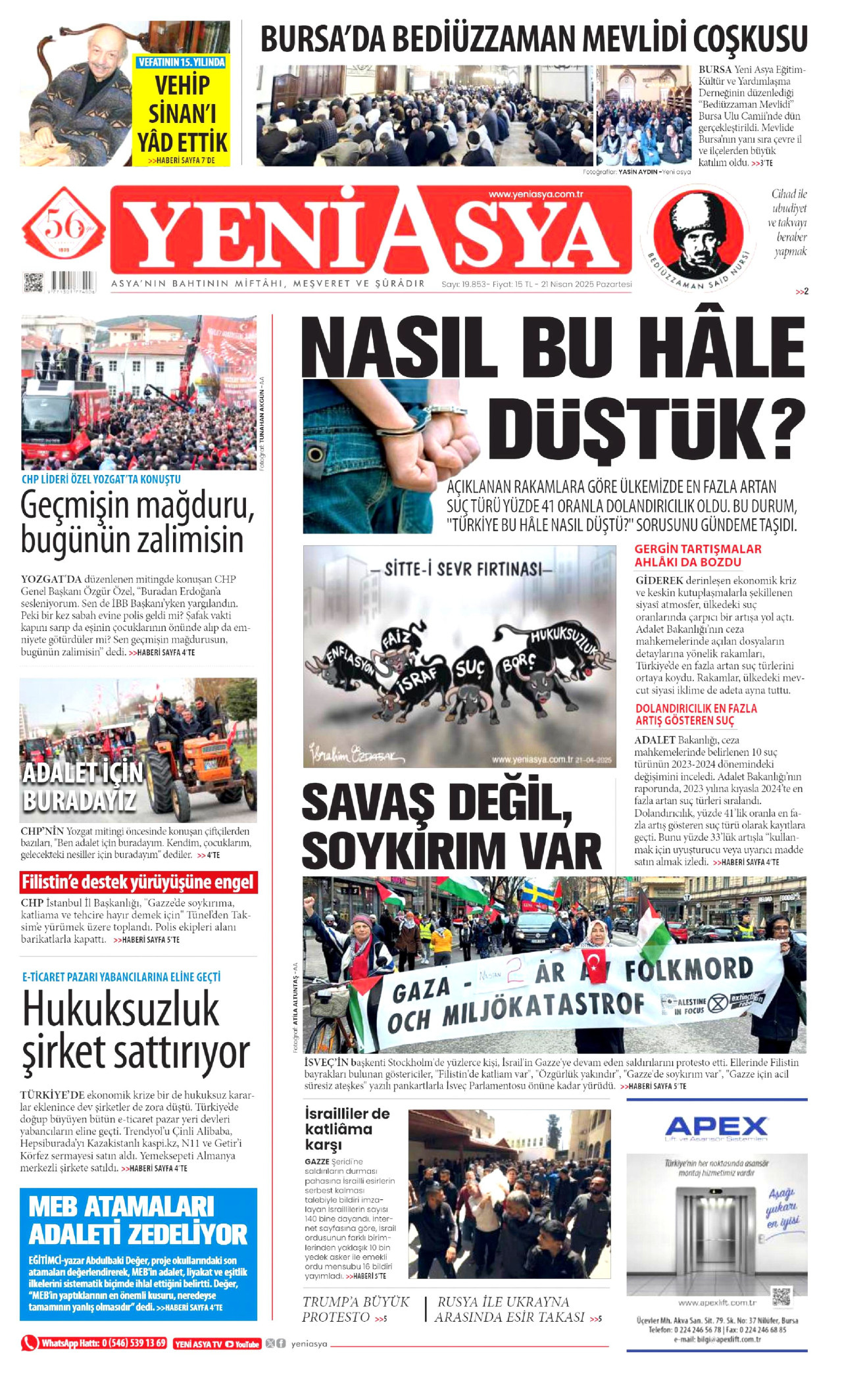 YENİ ASYA gazetesinin 21 Nisan 2025 tarihli birinci sayfası