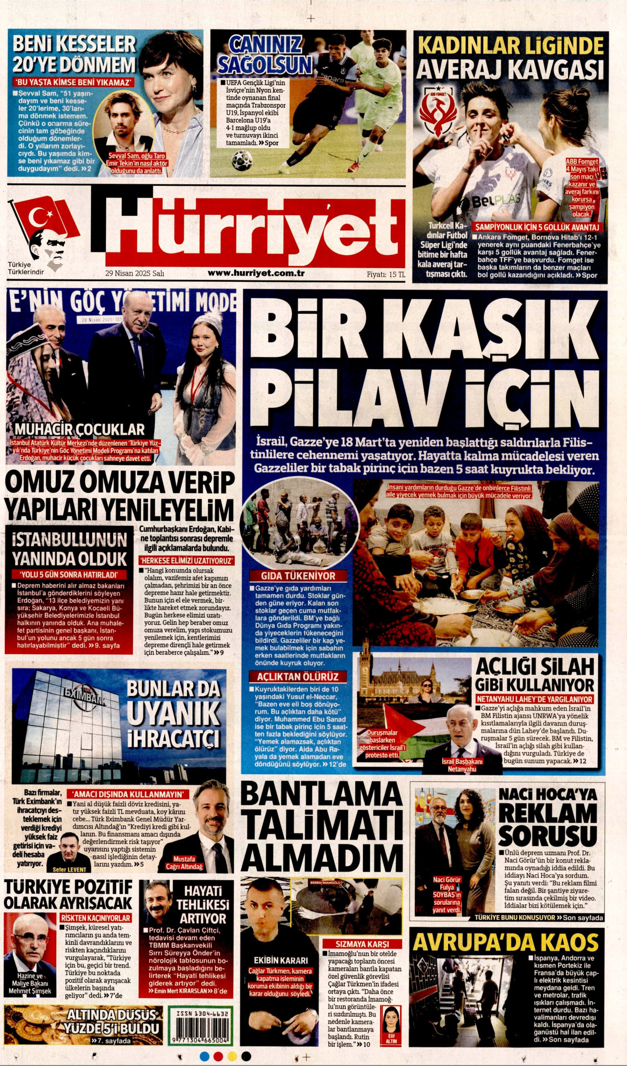 HÜRRİYET gazetesinin 29 Nisan 2025 tarihli birinci sayfası