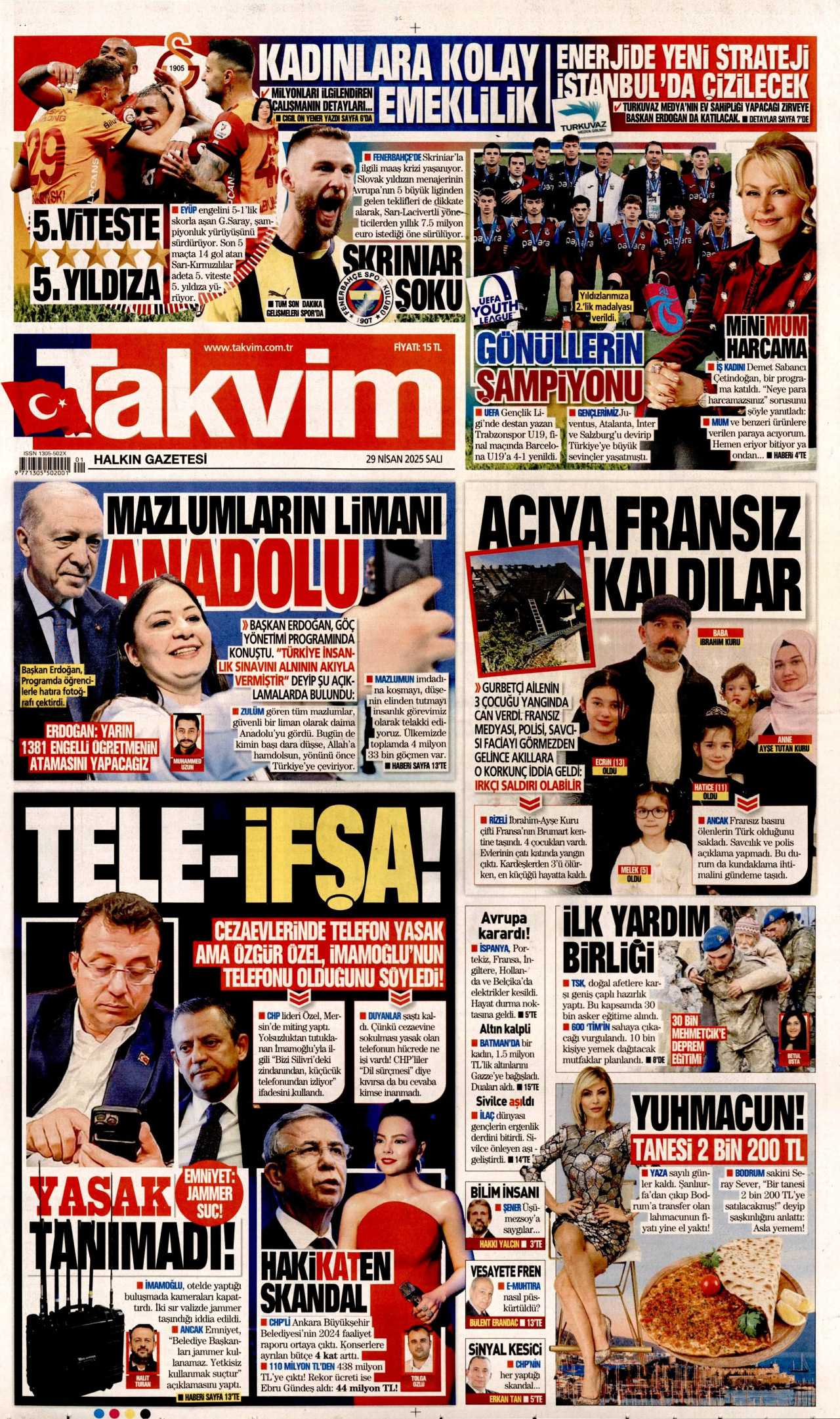 TAKVİM gazetesinin 29 Nisan 2025 tarihli birinci sayfası