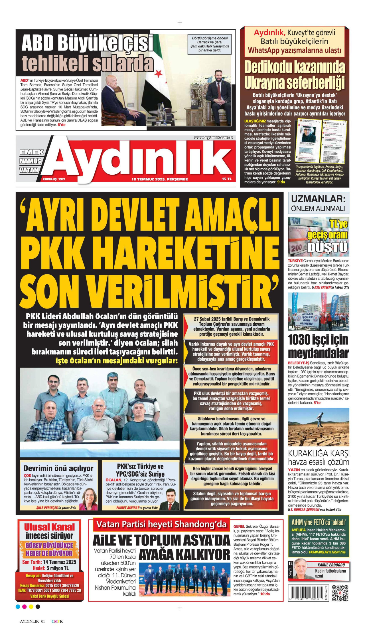 AYDINLIK GAZETESİ gazetesinin 10 Temmuz 2025 tarihli birinci sayfası