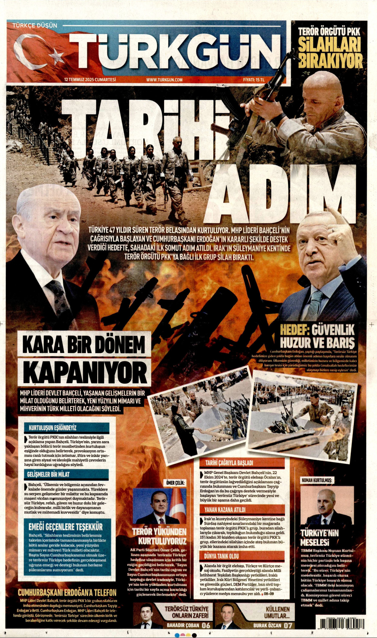 TÜRKGÜN gazetesinin 12 Temmuz 2025 tarihli birinci sayfası