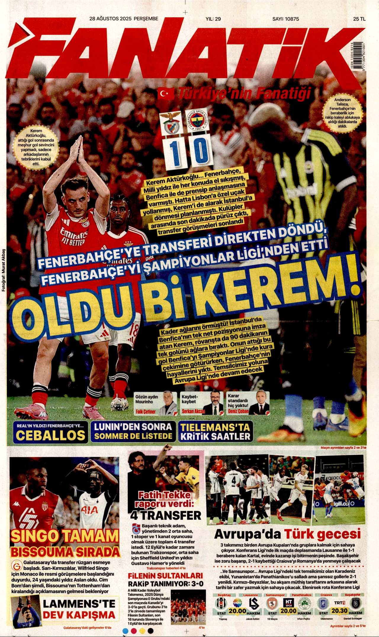 FANATİK gazetesinin 28 Ağustos 2025 tarihli birinci sayfası