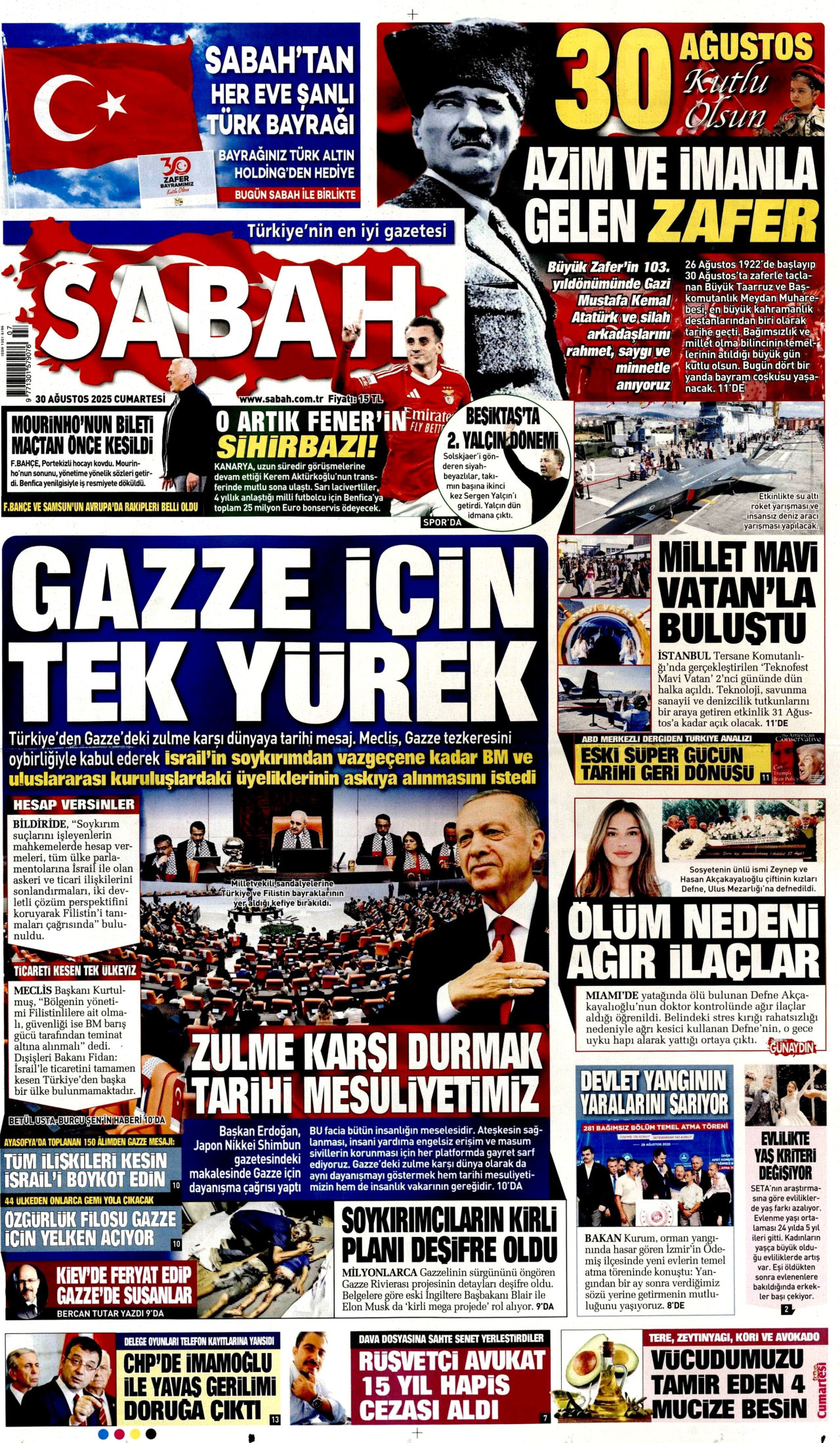 SABAH gazetesinin 30 Ağustos 2025 tarihli birinci sayfası