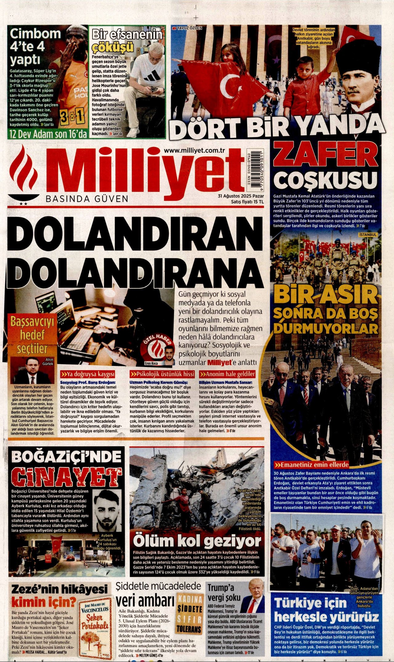 MİLLİYET gazetesinin 31 Ağustos 2025 tarihli birinci sayfası