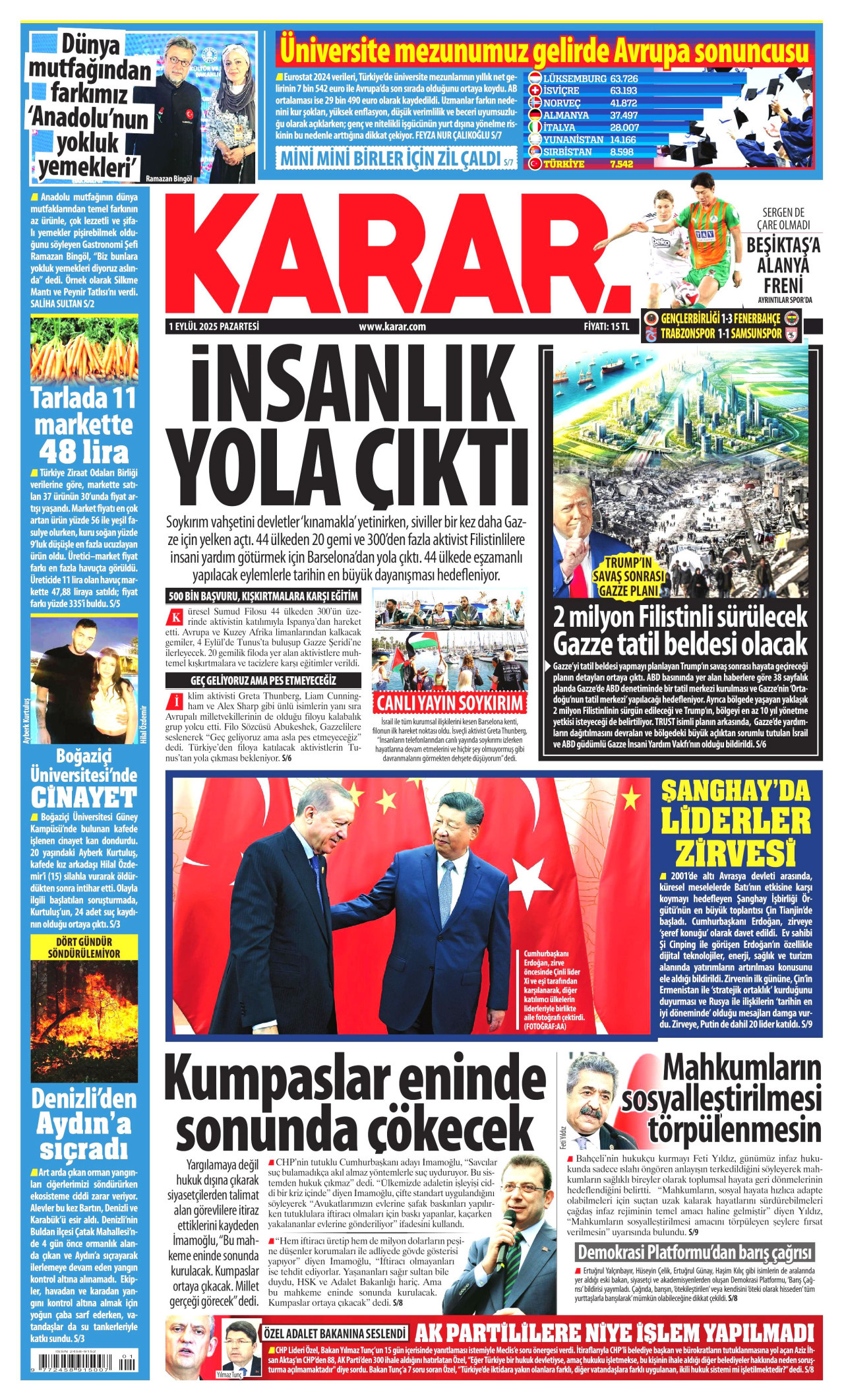 KARAR gazetesinin 1 Eylül 2025 tarihli birinci sayfası