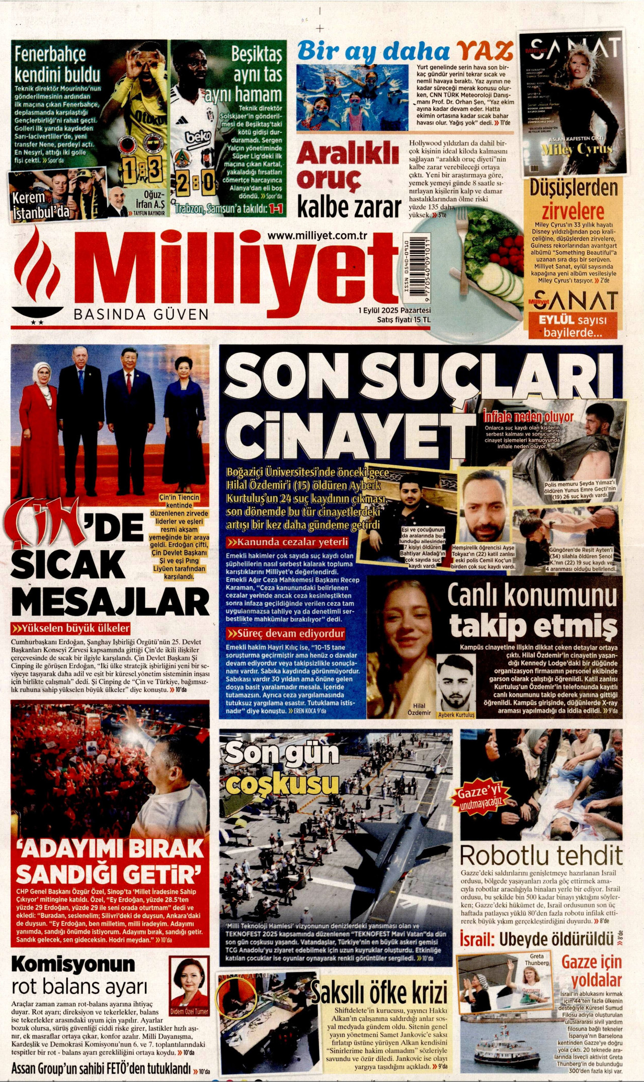 MİLLİYET gazetesinin 1 Eylül 2025 tarihli birinci sayfası