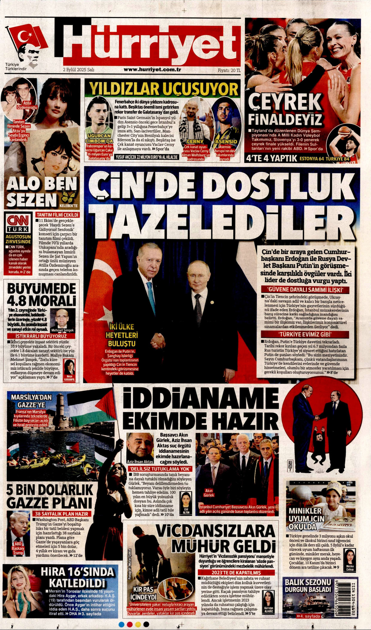 HÜRRİYET gazetesinin 2 Eylül 2025 tarihli birinci sayfası