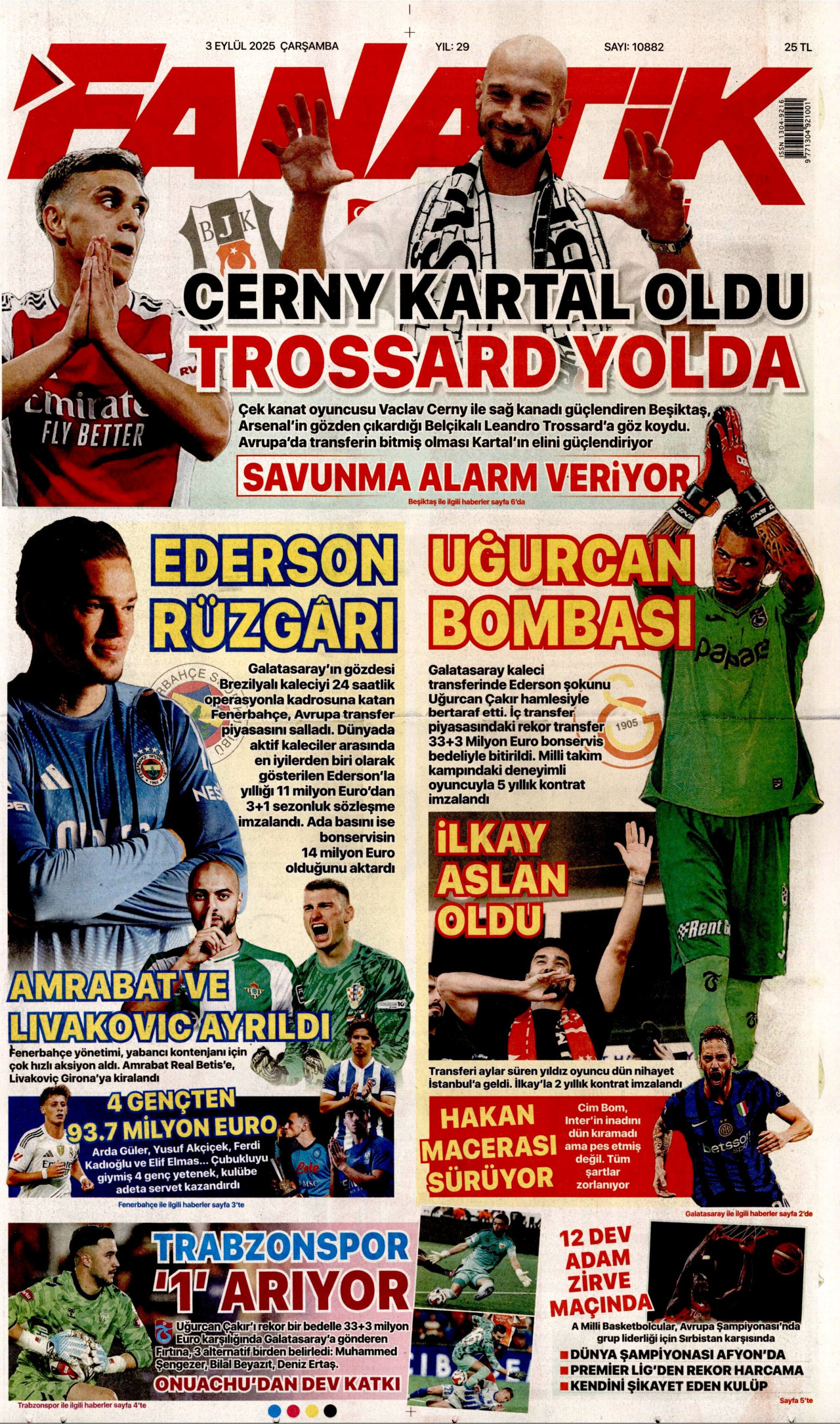 FANATİK gazetesinin 3 Eylül 2025 tarihli birinci sayfası