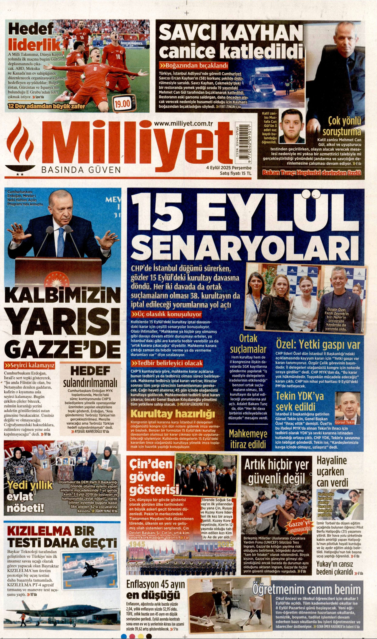 MİLLİYET gazetesinin 4 Eylül 2025 tarihli birinci sayfası