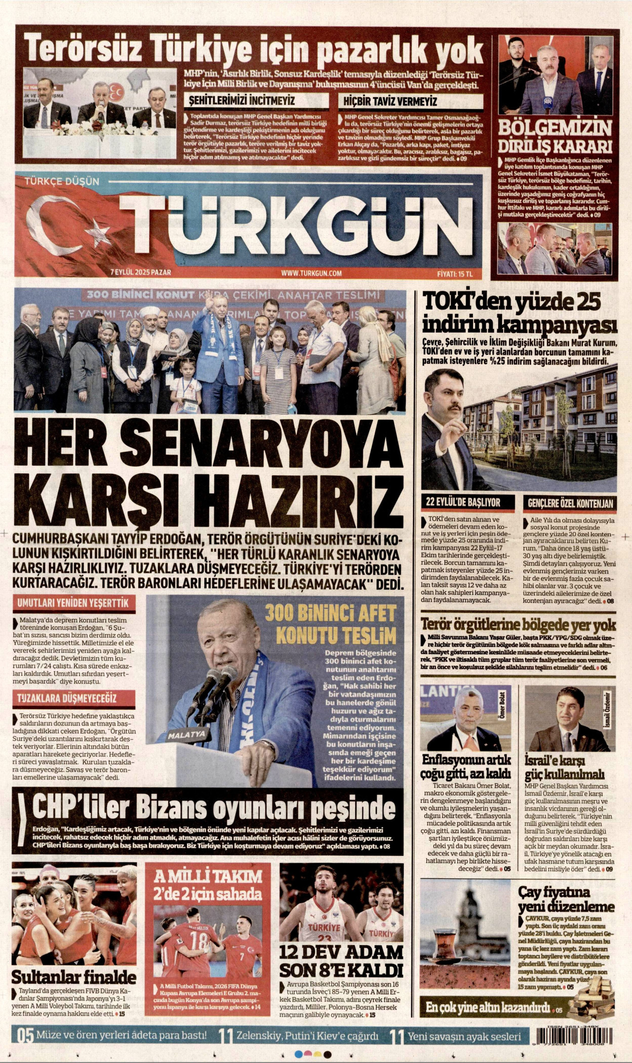 TÜRKGÜN gazetesinin 7 Eylül 2025 tarihli birinci sayfası