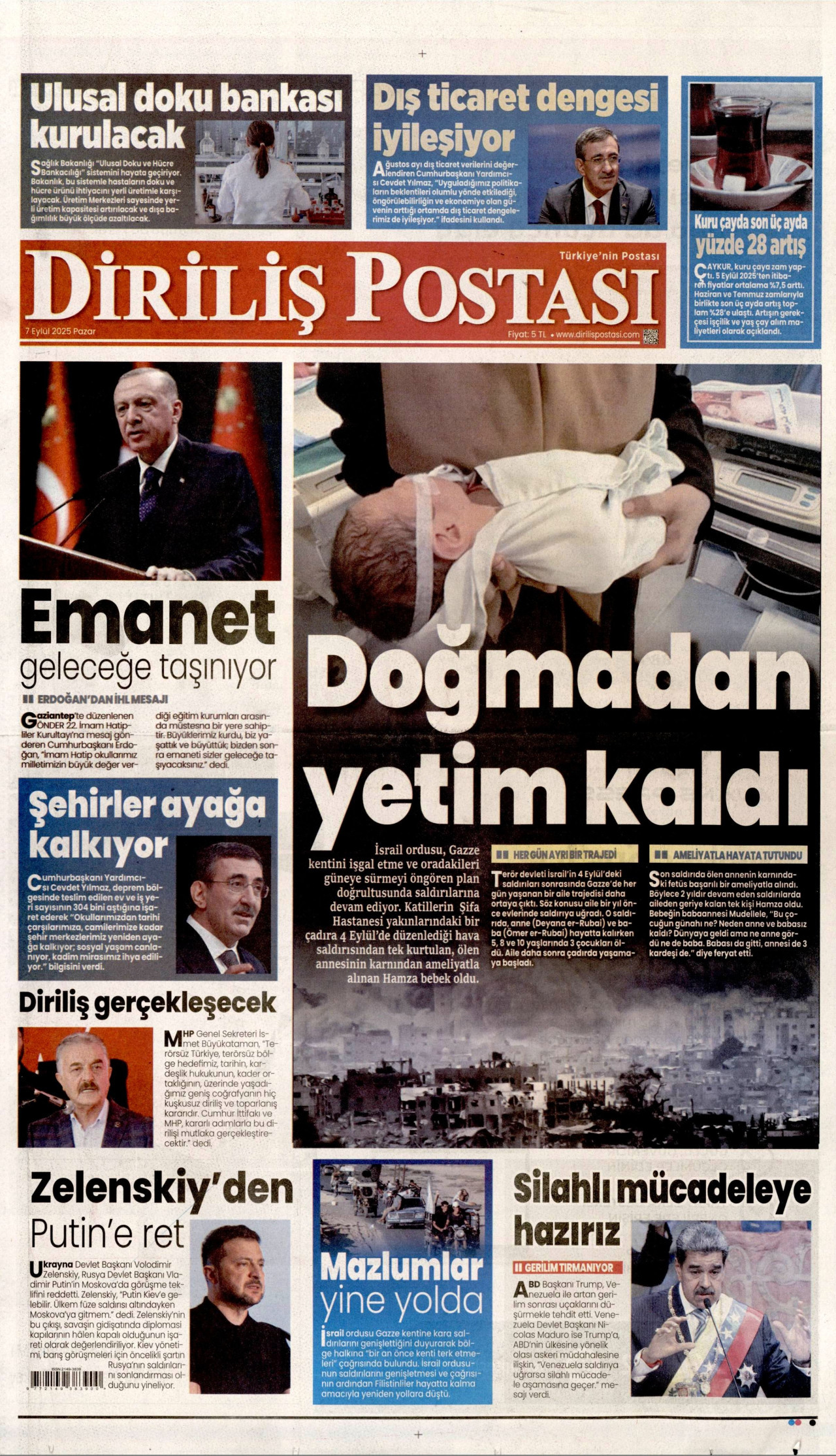 DİRİLİŞ POSTASI gazetesinin 7 Eylül 2025 tarihli birinci sayfası