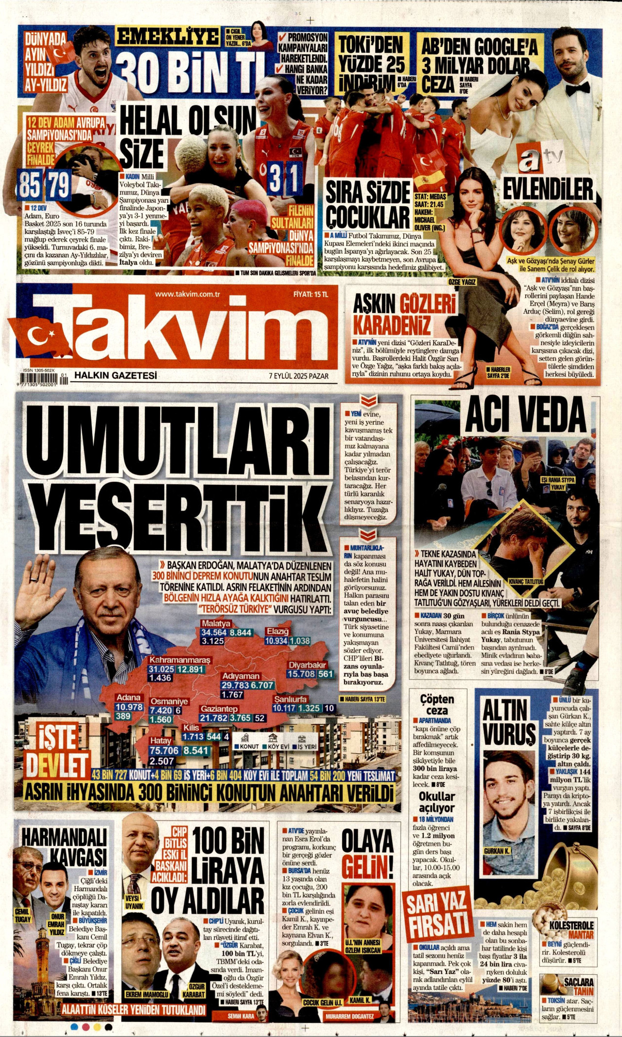 TAKVİM gazetesinin 7 Eylül 2025 tarihli birinci sayfası